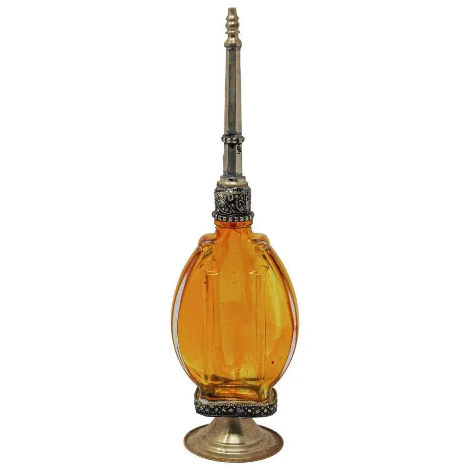 Moroccan Amber Footed Glass Perfume Bottle Sprinkler With Embossed Metal Overlay - 8