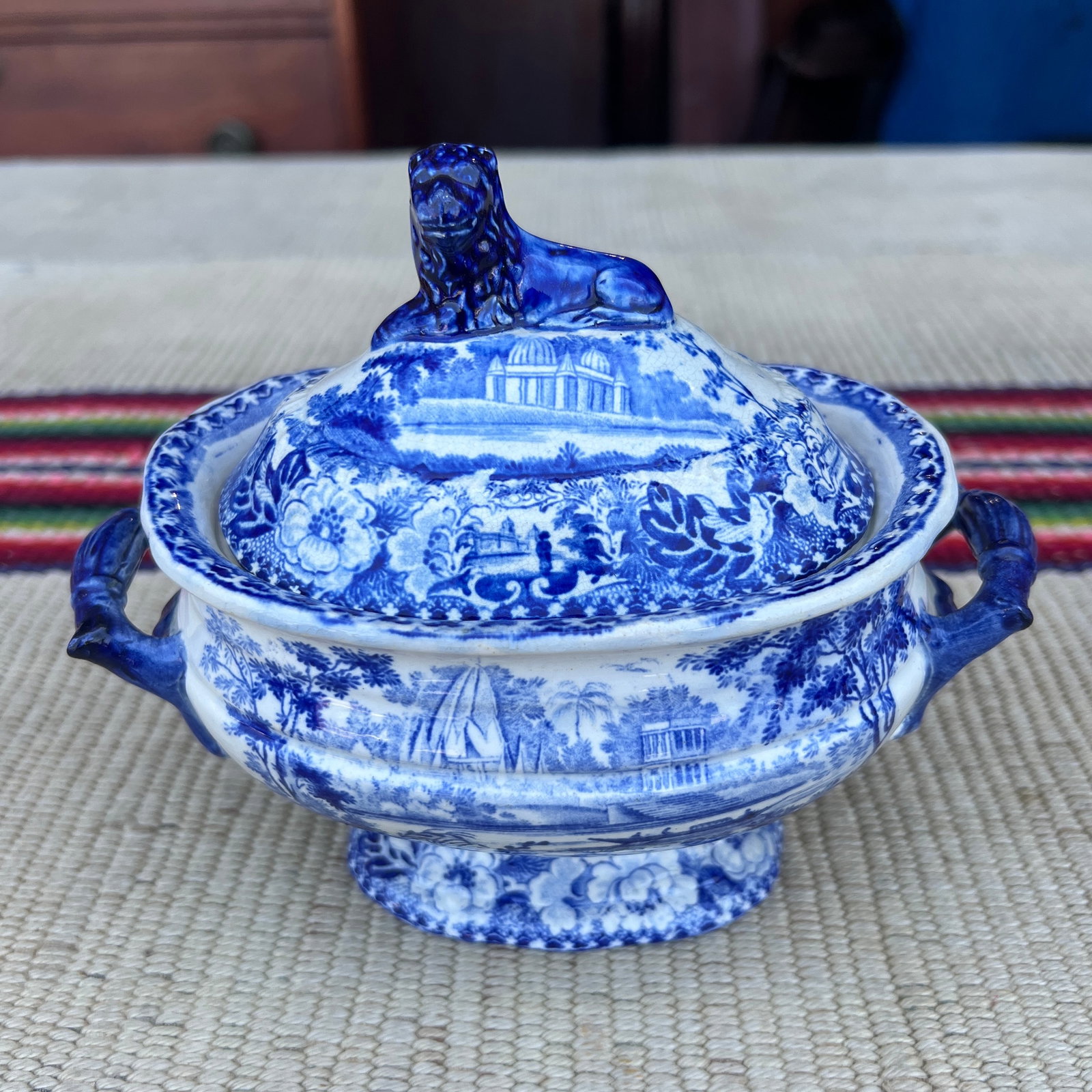 Antique Pearlware Blue Transfer Decorated Sauce Tureen With Lid, "Hindoo Pagodas" Circa 1820's - 3