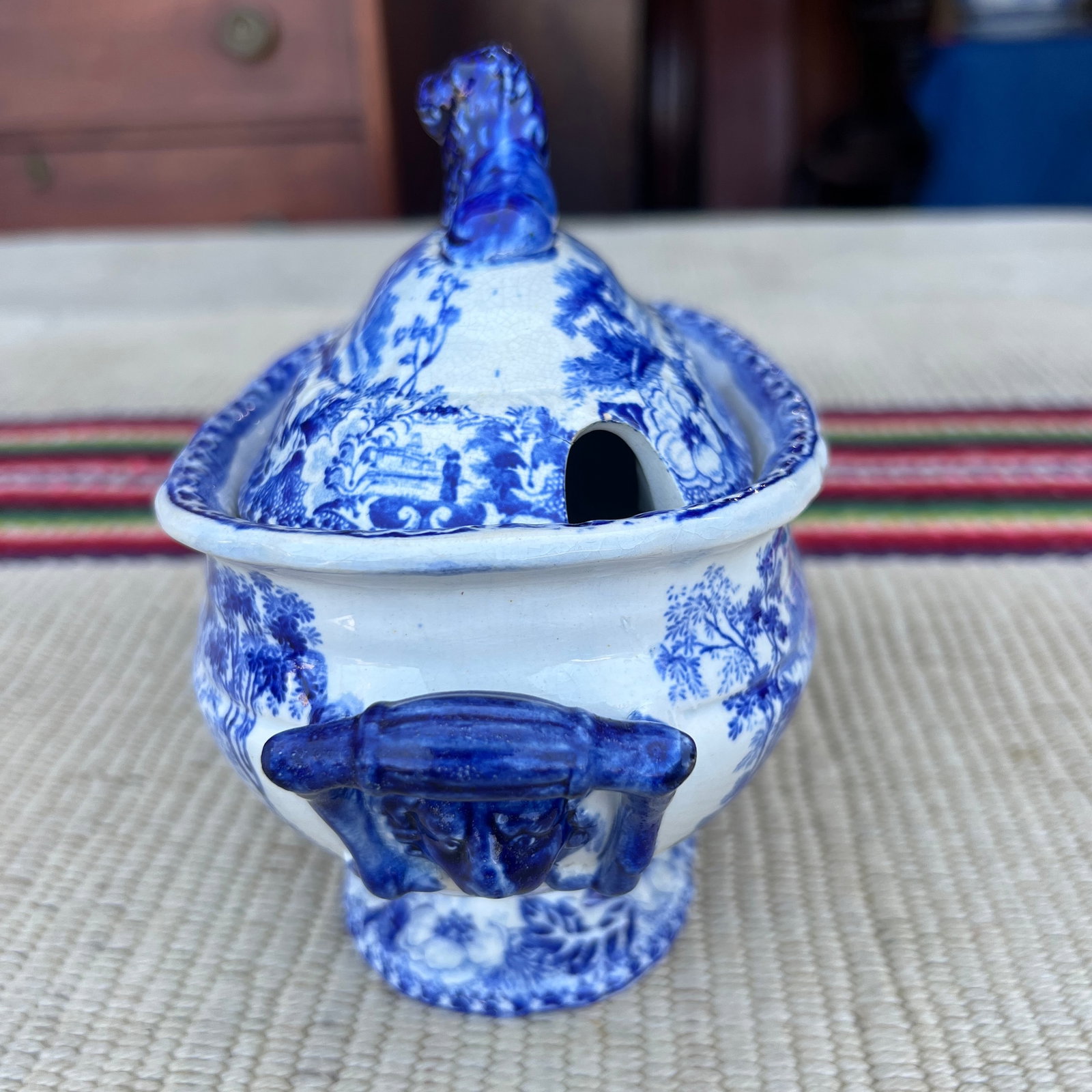 Antique Pearlware Blue Transfer Decorated Sauce Tureen With Lid, "Hindoo Pagodas" Circa 1820's - 4