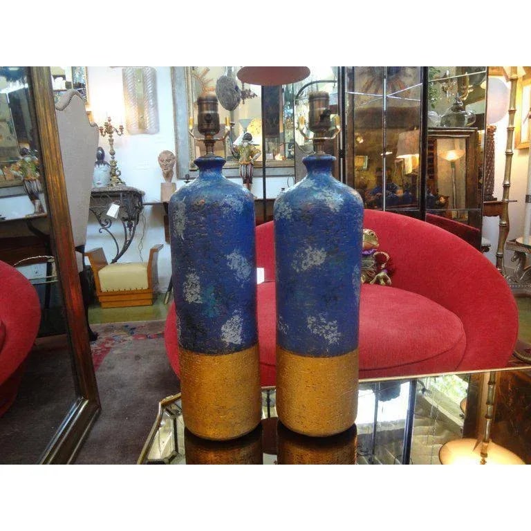 1960's Vintage Italian Aldo Londi for Bitossi Blue and Gold Pottery Lamps-Pair - 2
