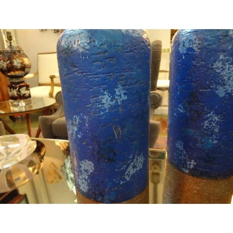 1960's Vintage Italian Aldo Londi for Bitossi Blue and Gold Pottery Lamps-Pair - 3