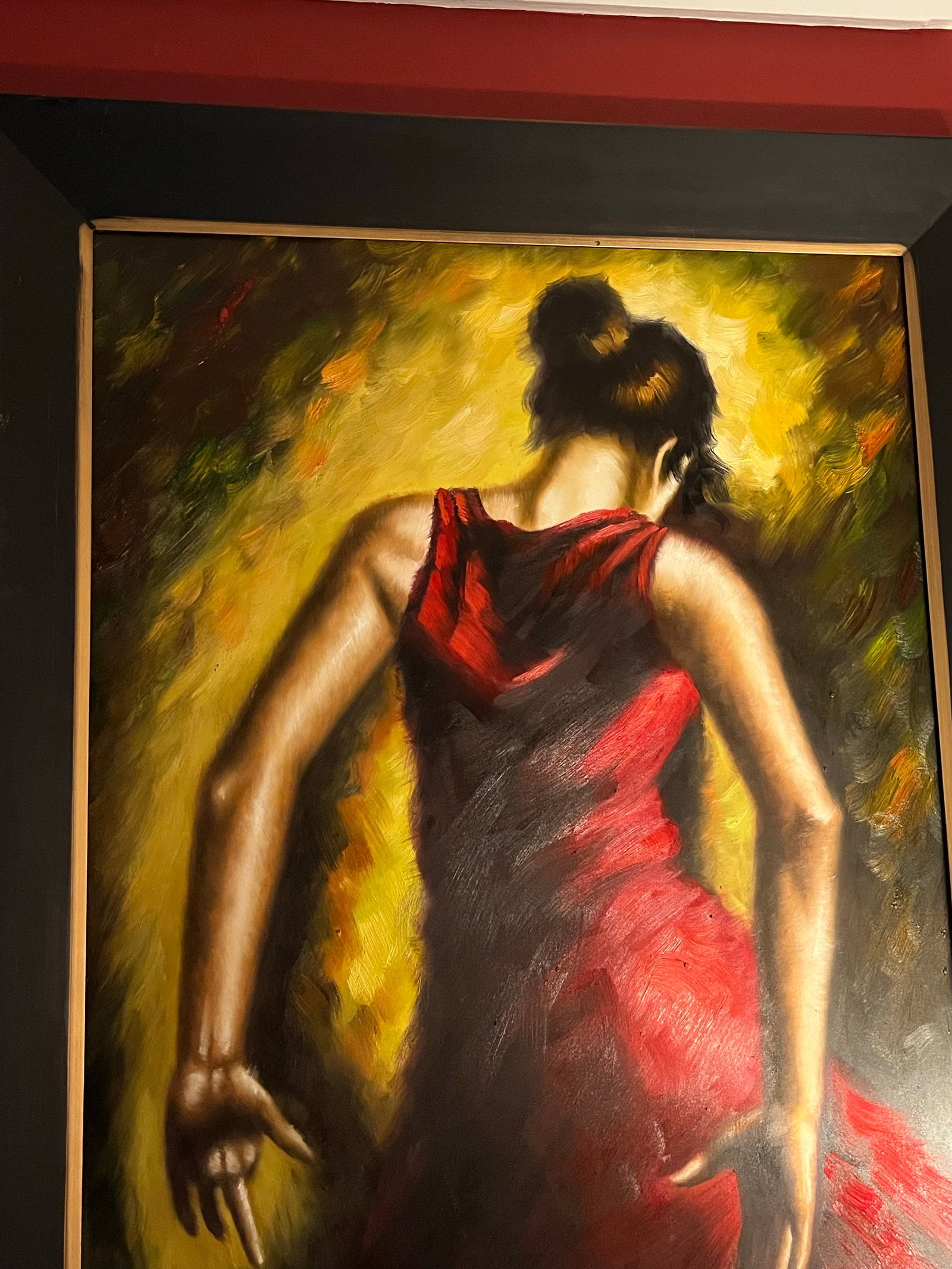 Expressive Spanish Flamenco Dancer Oil Painting in Red and Gold, Early 21st Century - 10