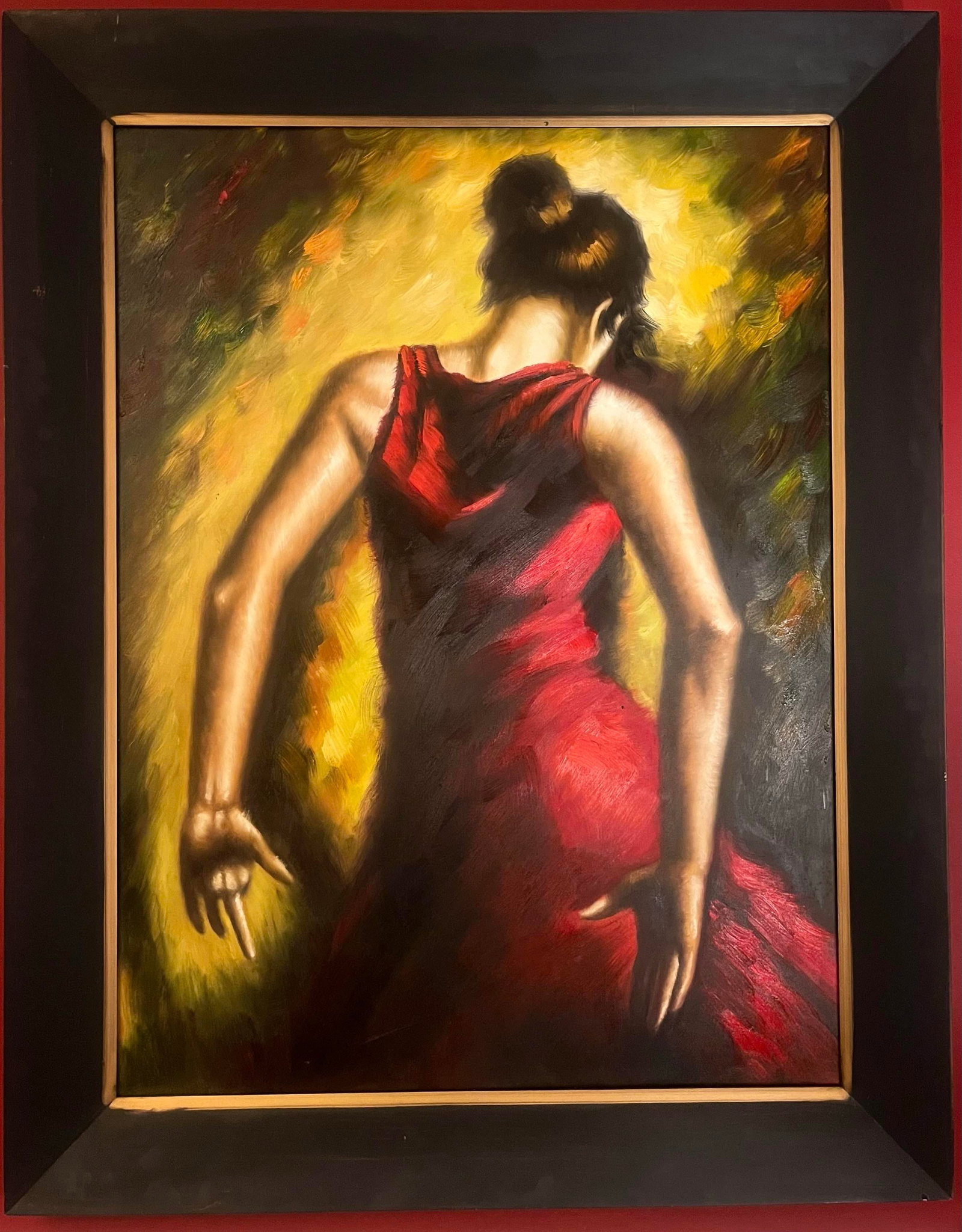 Expressive Spanish Flamenco Dancer Oil Painting in Red and Gold, Early 21st Century - 12