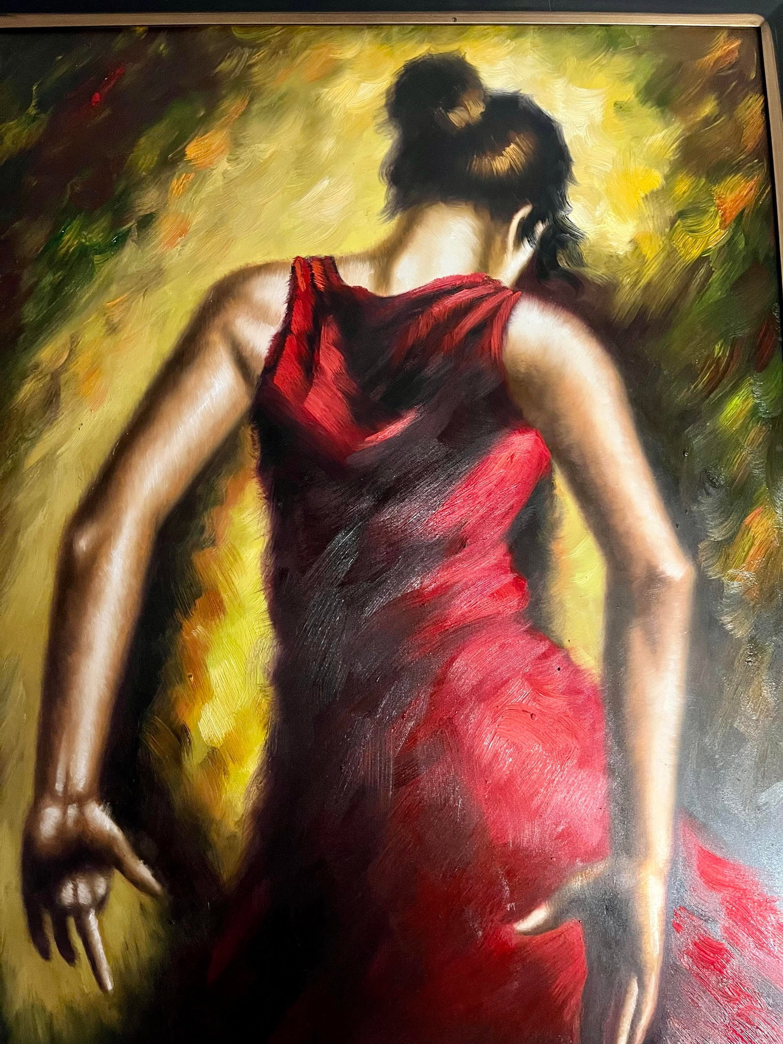 Expressive Spanish Flamenco Dancer Oil Painting in Red and Gold, Early 21st Century - 4