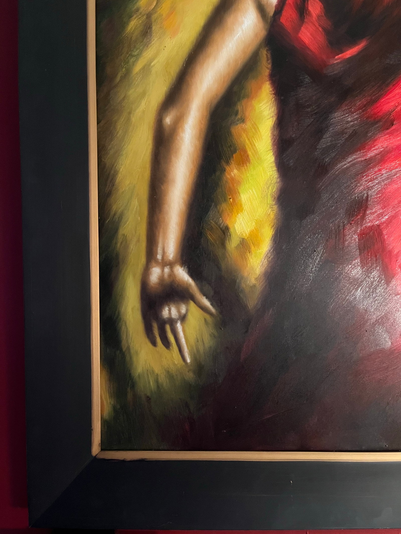 Expressive Spanish Flamenco Dancer Oil Painting in Red and Gold, Early 21st Century - 5