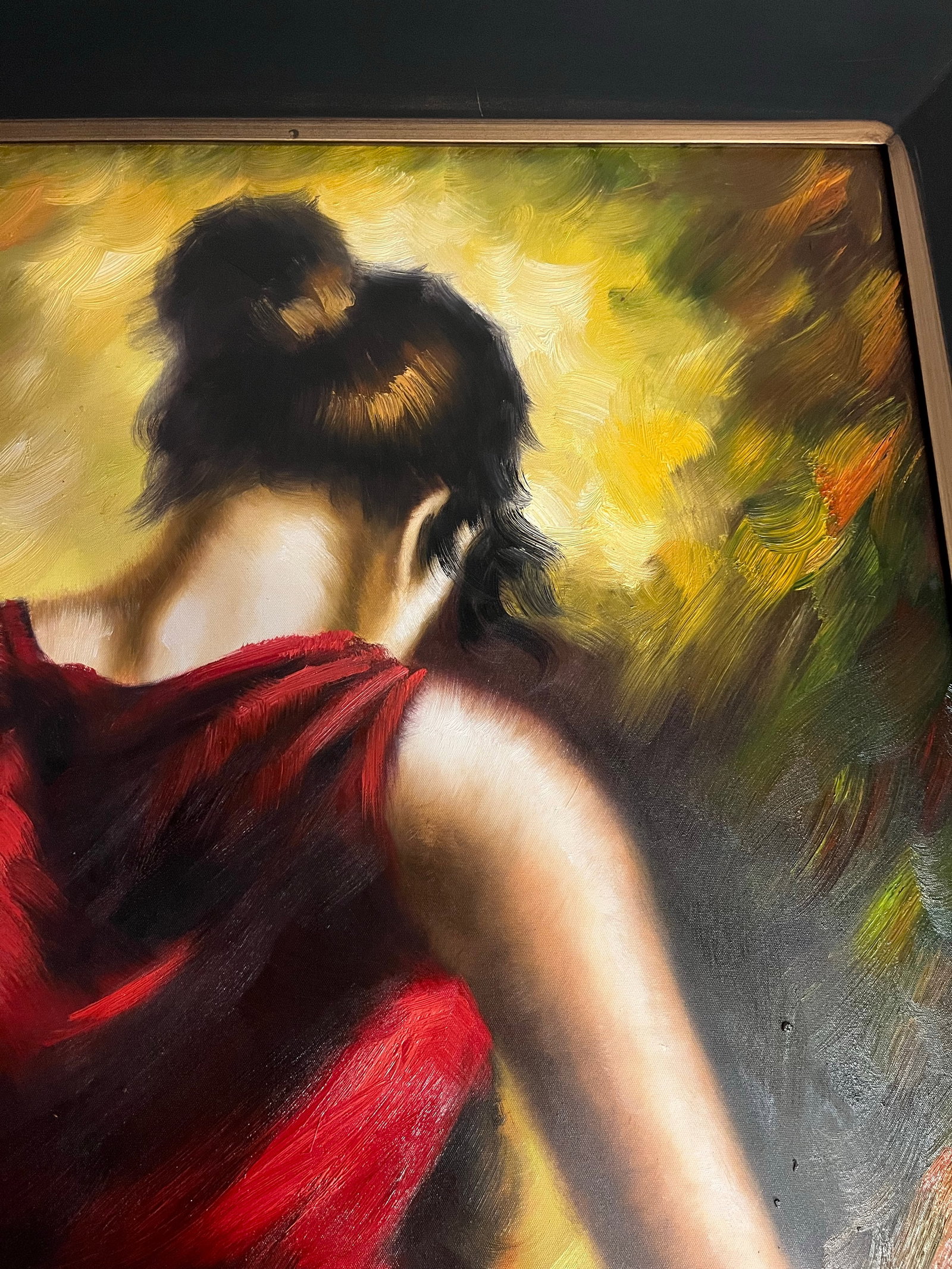 Expressive Spanish Flamenco Dancer Oil Painting in Red and Gold, Early 21st Century - 6