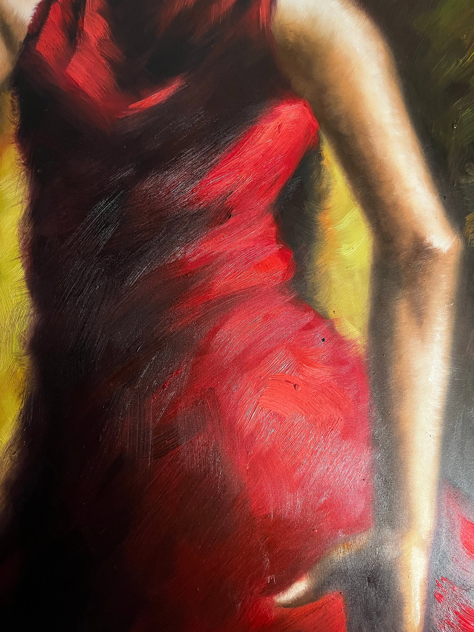 Expressive Spanish Flamenco Dancer Oil Painting in Red and Gold, Early 21st Century - 7