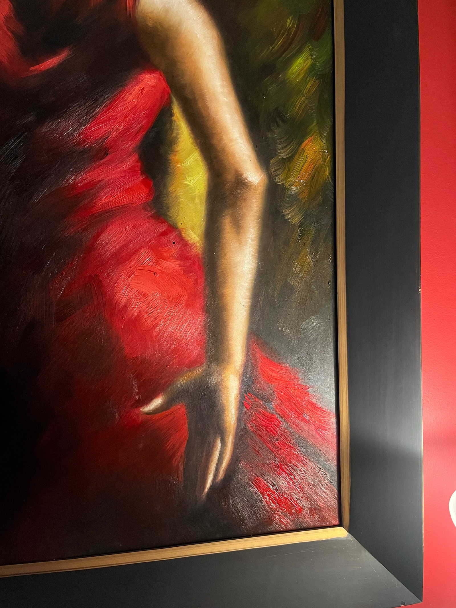Expressive Spanish Flamenco Dancer Oil Painting in Red and Gold, Early 21st Century - 8