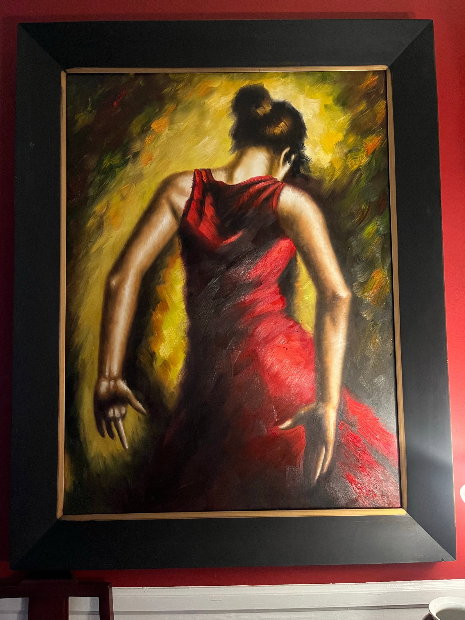 Expressive Spanish Flamenco Dancer Oil Painting in Red and Gold, Early 21st Century - 9