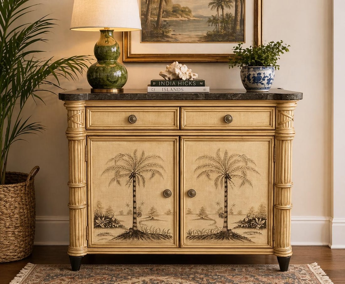 Palm Beach Hollywood Regency Faux Bamboo Cabinet - Hand-Painted Tropical Chest With Stone Top - 2