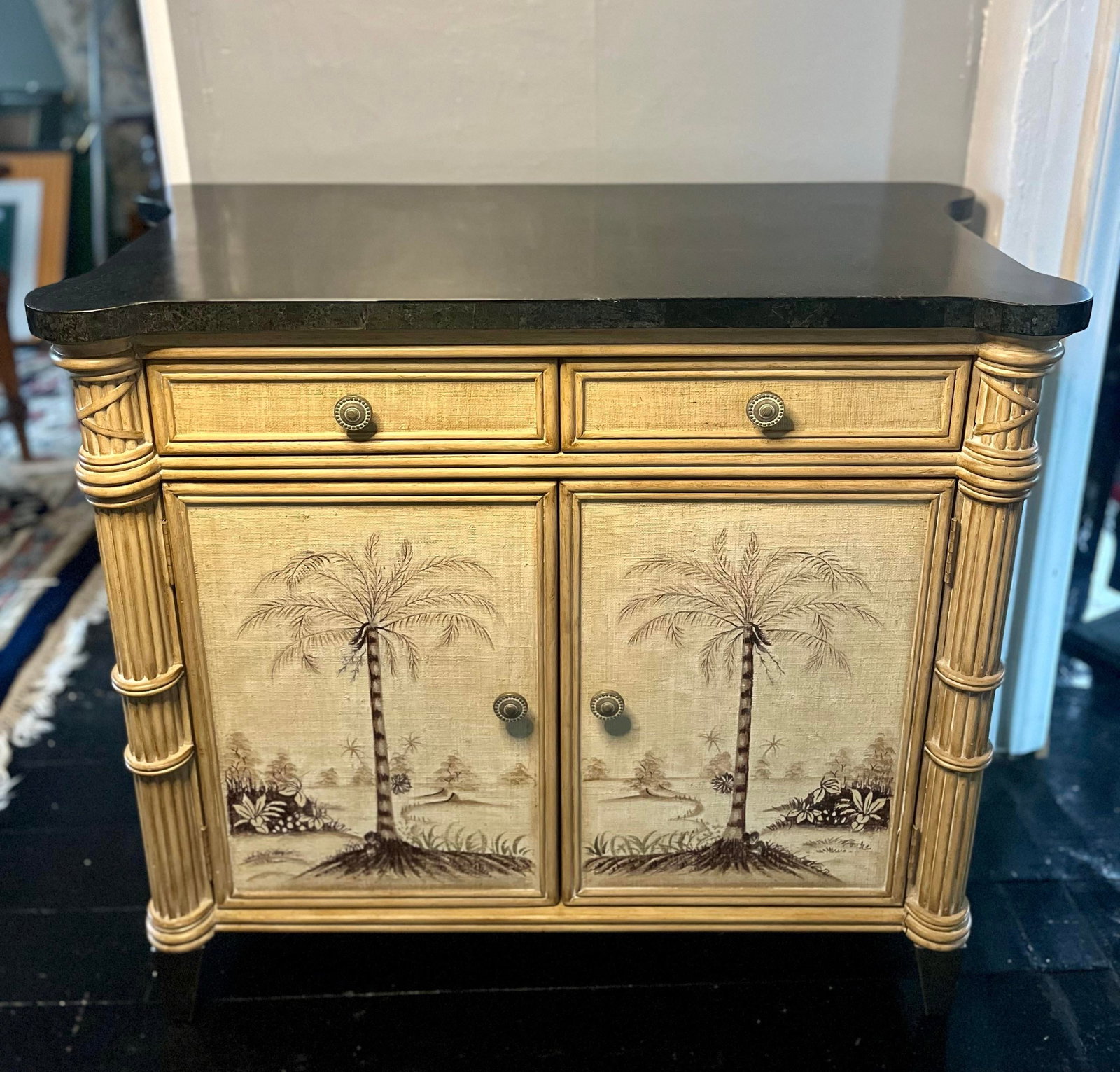 Palm Beach Hollywood Regency Faux Bamboo Cabinet - Hand-Painted Tropical Chest With Stone Top - 3