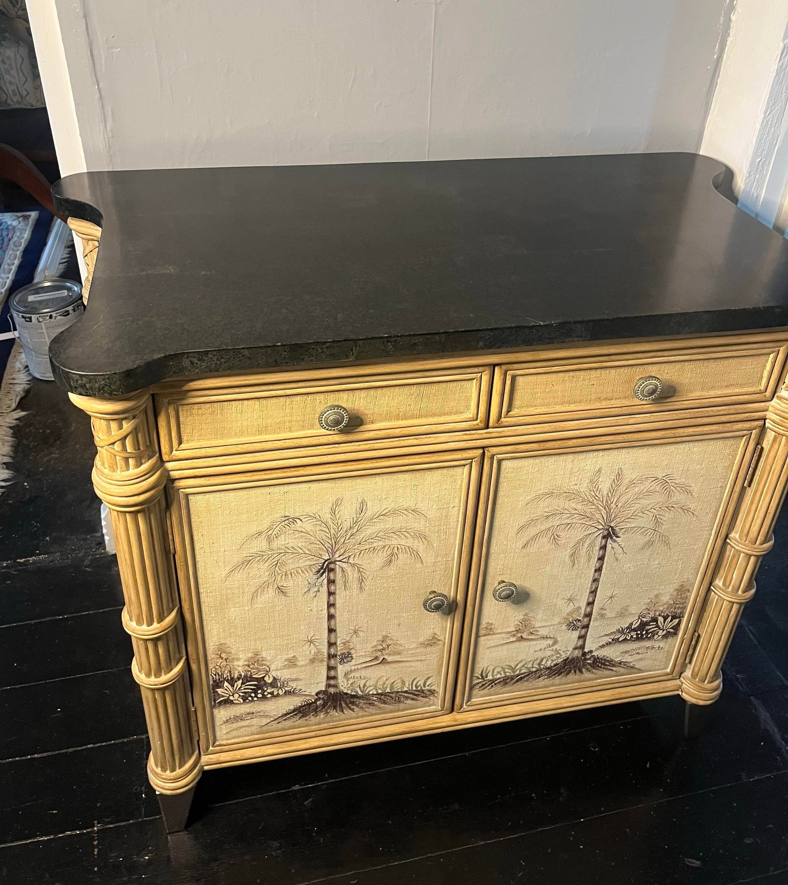 Palm Beach Hollywood Regency Faux Bamboo Cabinet - Hand-Painted Tropical Chest With Stone Top - 4