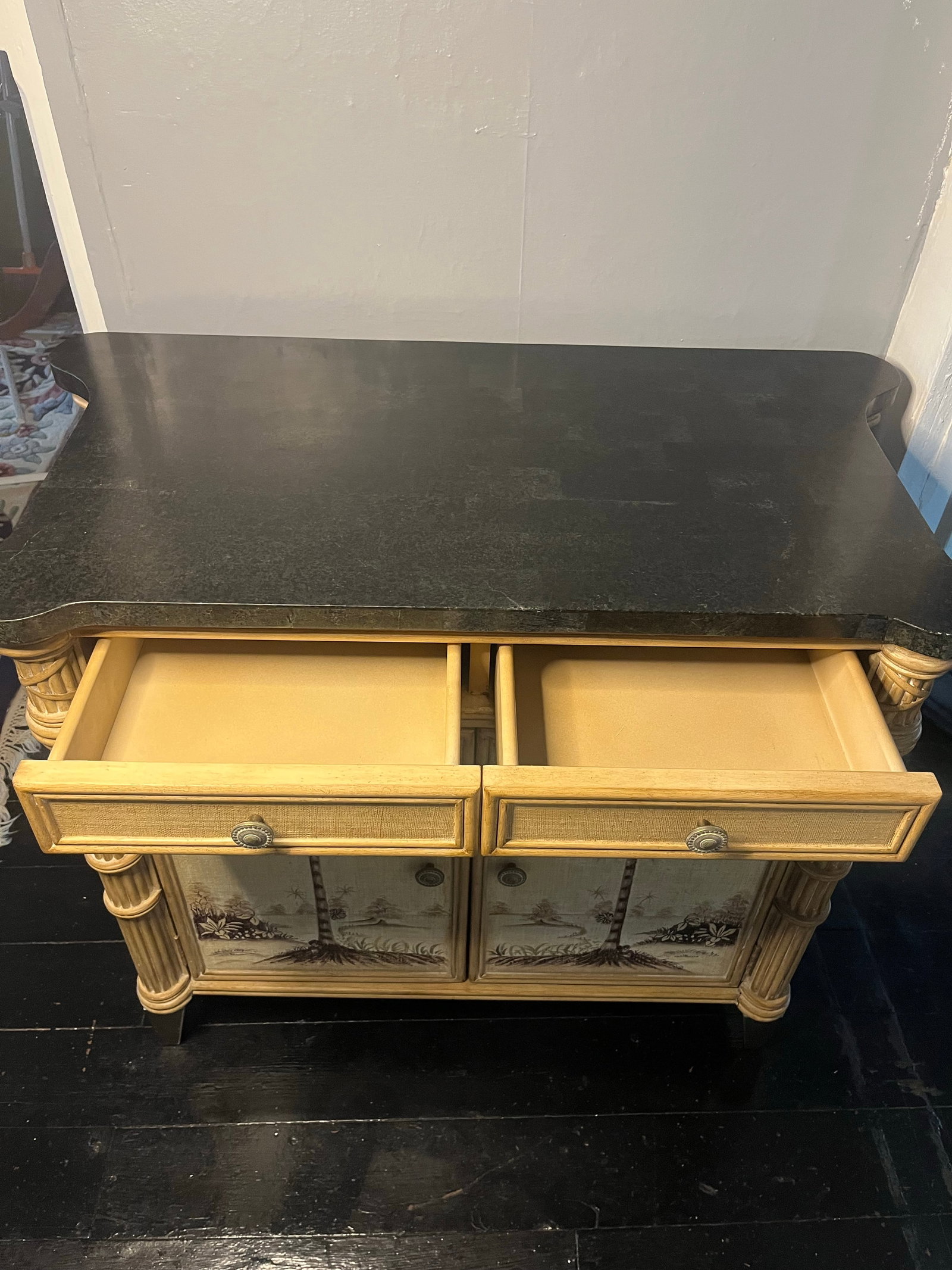 Palm Beach Hollywood Regency Faux Bamboo Cabinet - Hand-Painted Tropical Chest With Stone Top - 5