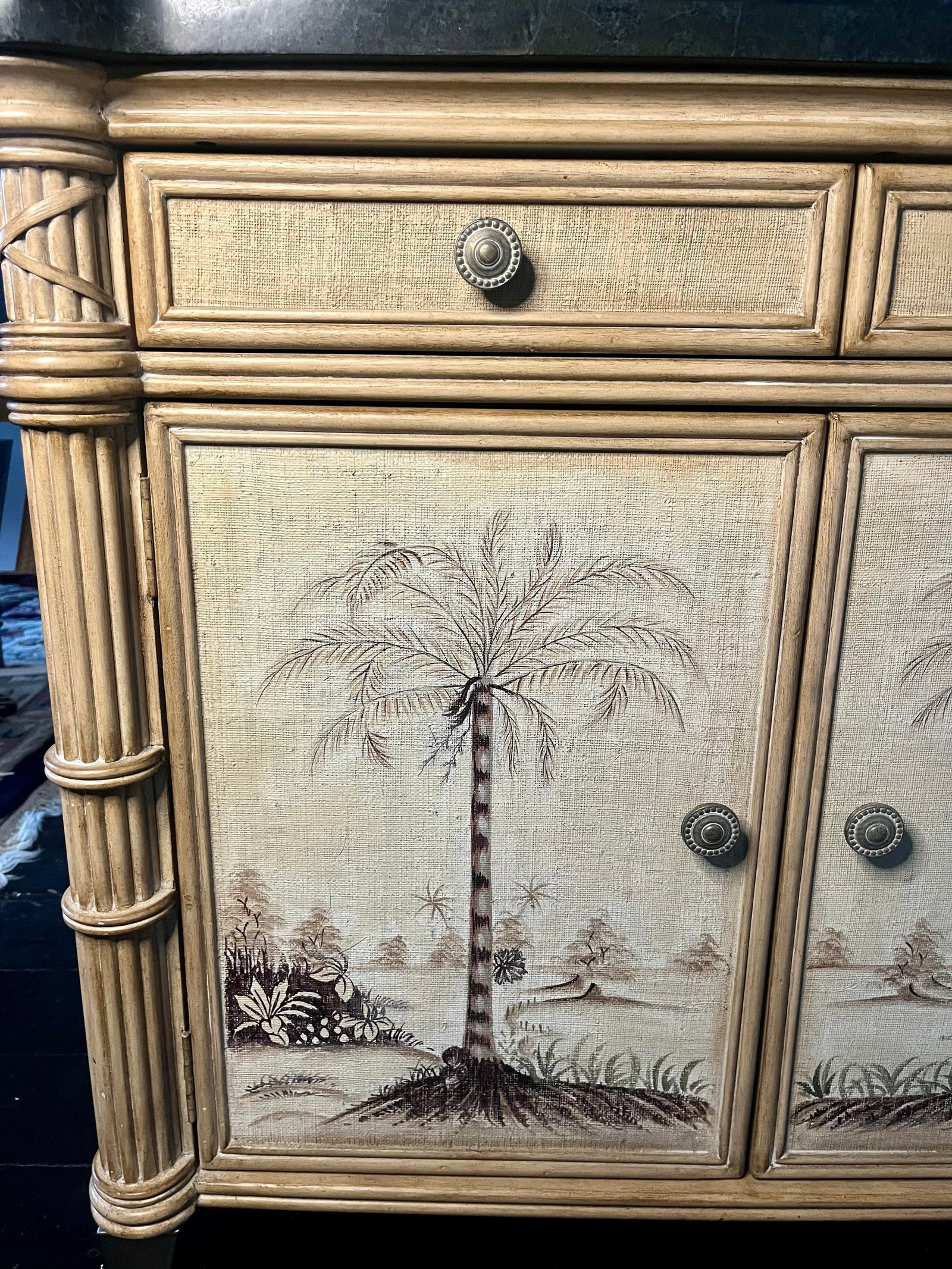 Palm Beach Hollywood Regency Faux Bamboo Cabinet - Hand-Painted Tropical Chest With Stone Top - 8
