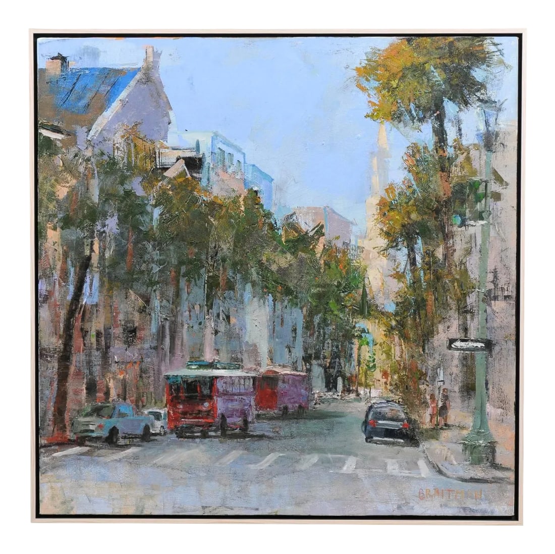 "Charleston Desire II" Contemporary American City Scene Painting, Framed: Charleston Desire II', is a contemporary painting created by American artist Andy Braitman. This square format cityscape features a view of Charleston, with its recognizable church steeple discreetly