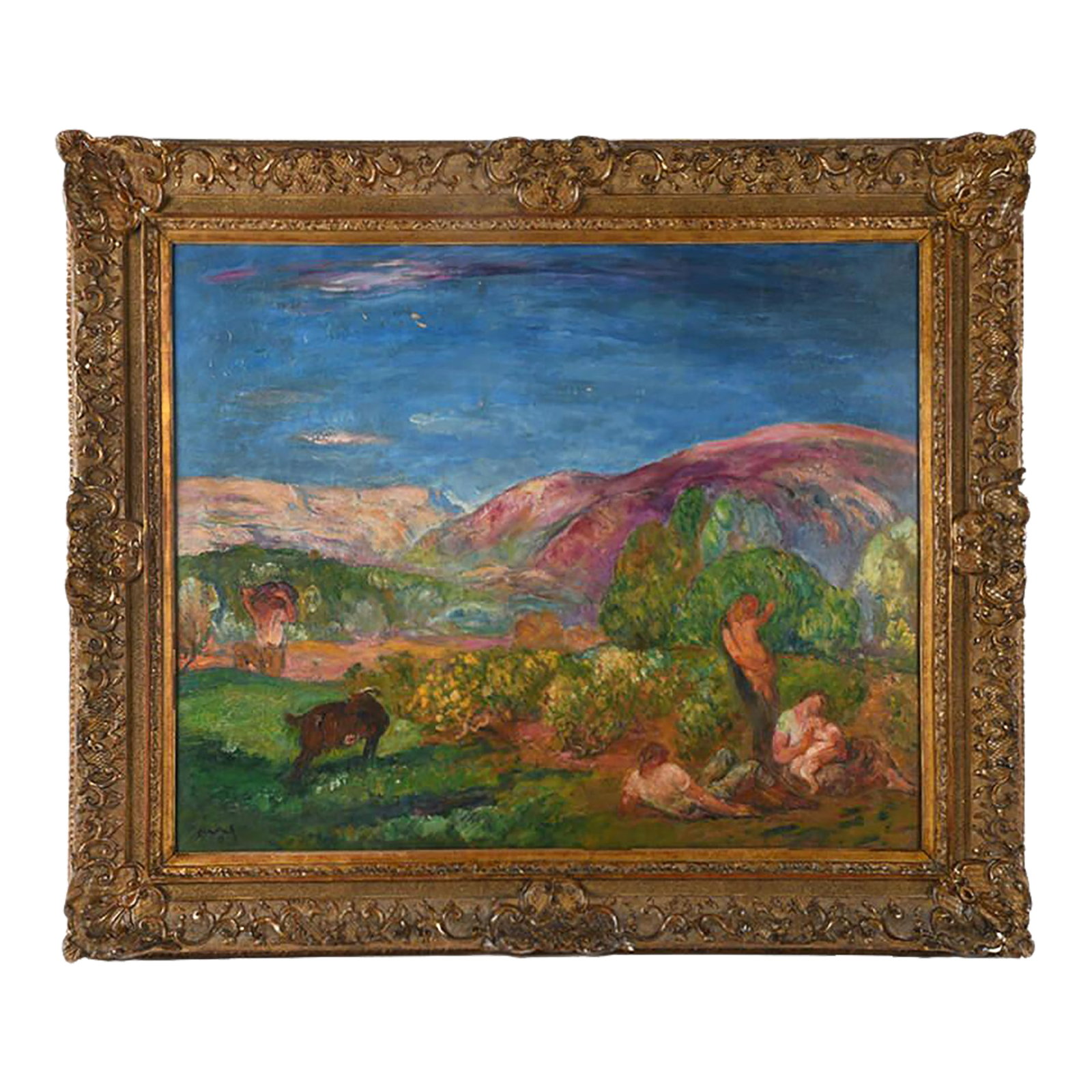 Framed Signed "Maternitate" Oil on Canvas After Mihail Simonidi: Bask in the warmth and color of pastoral beauty with this Framed Signed "Maternitate" Oil on Canvas After Mihail Simonidi, a vibrant celebration of nature and harmony. The scene bursts with rich