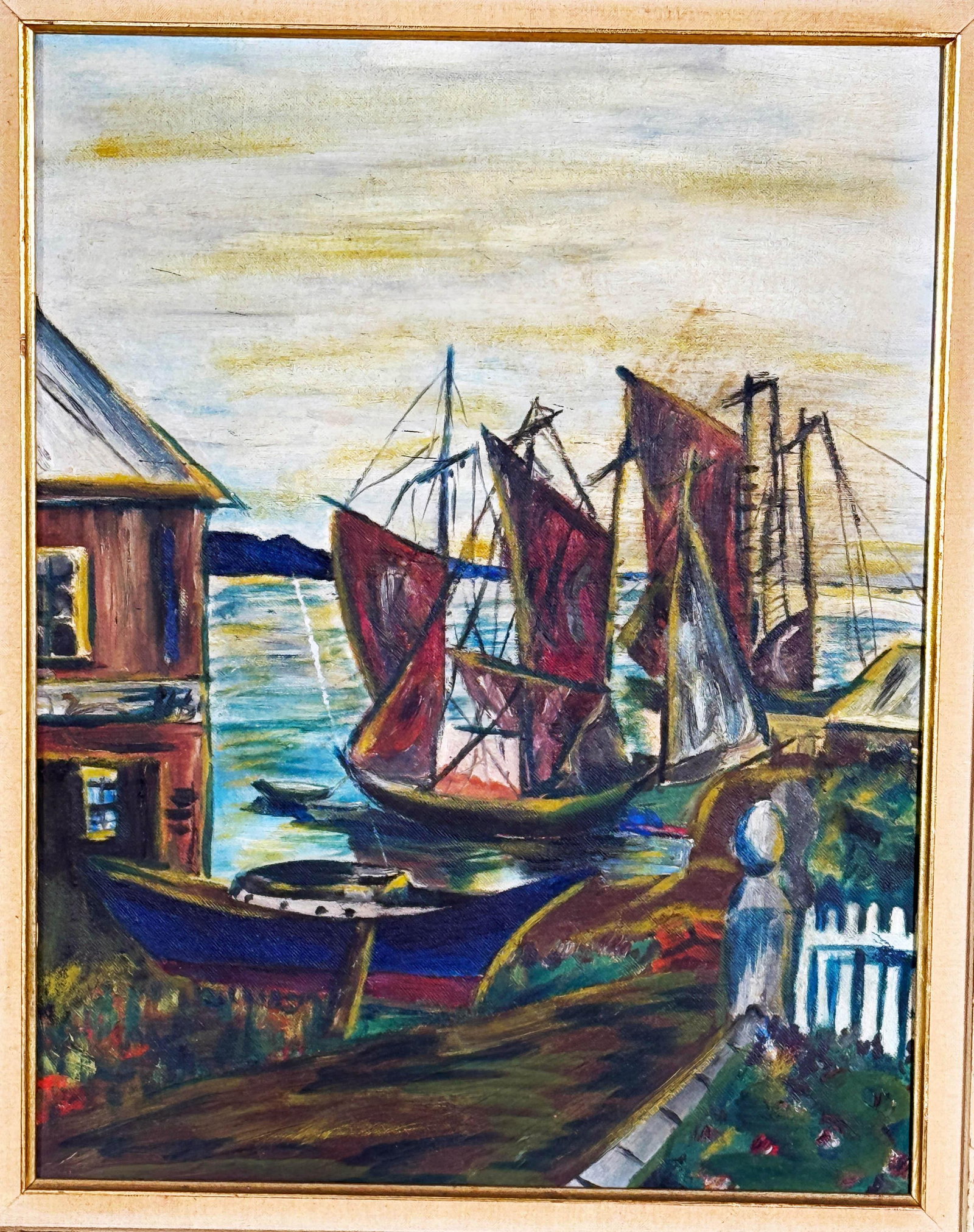 Vintage Mid Century Harbor Scene Oil Painting With Boats - 2
