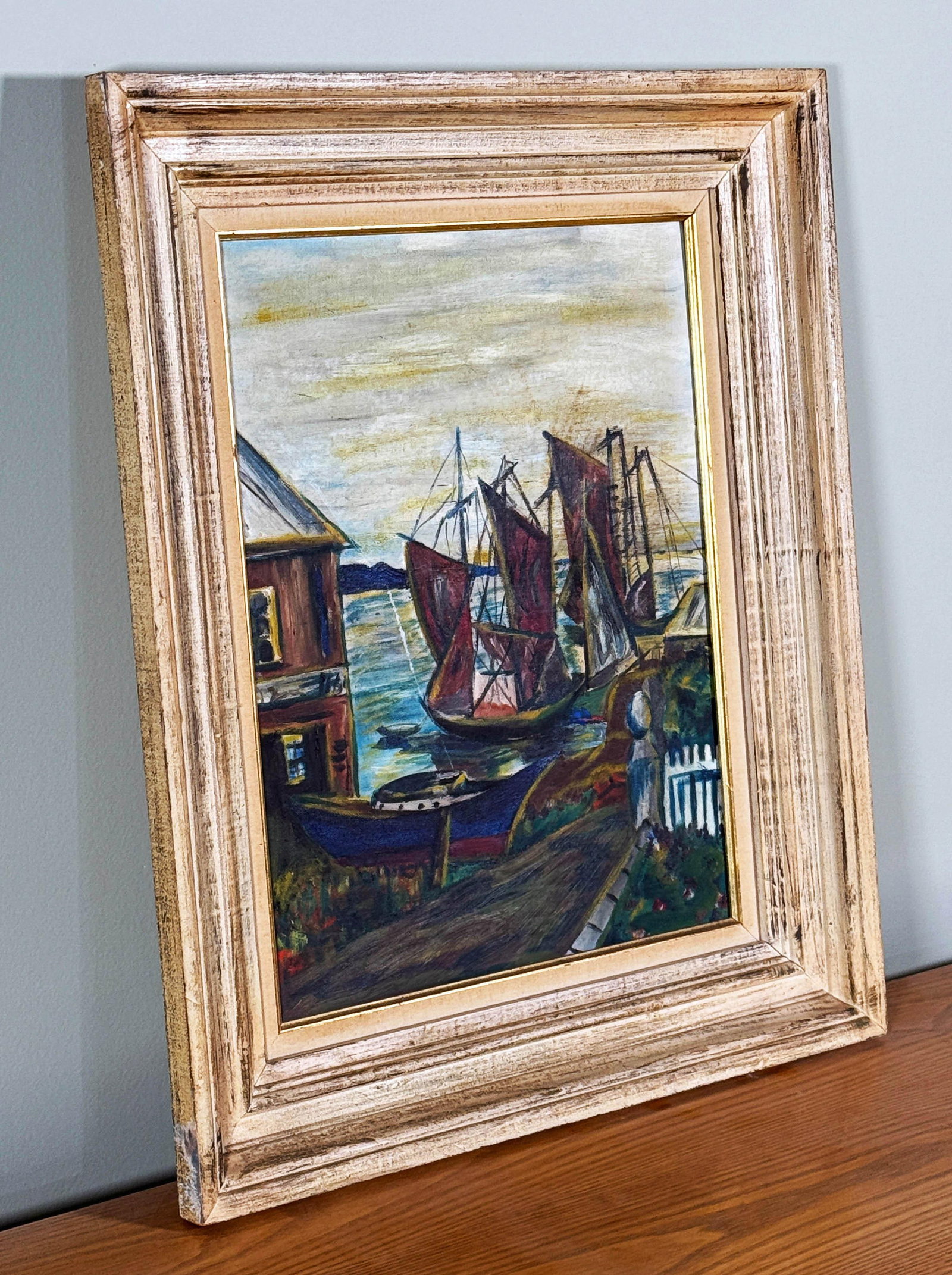 Vintage Mid Century Harbor Scene Oil Painting With Boats - 3
