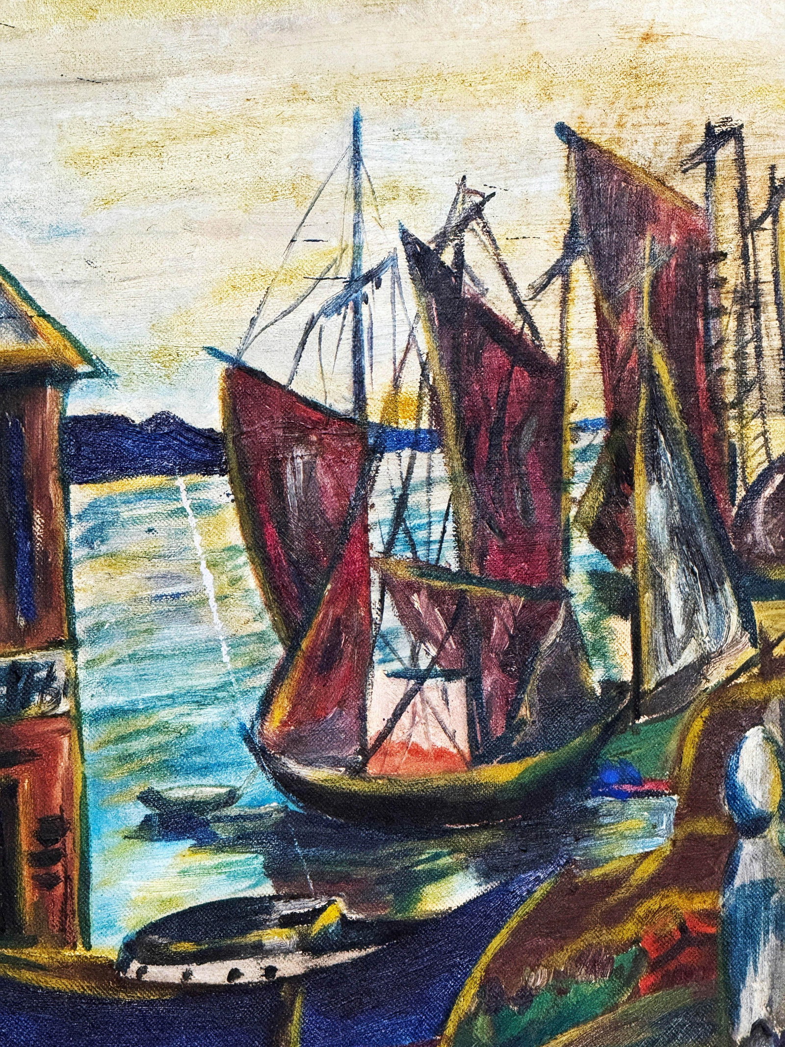 Vintage Mid Century Harbor Scene Oil Painting With Boats - 4