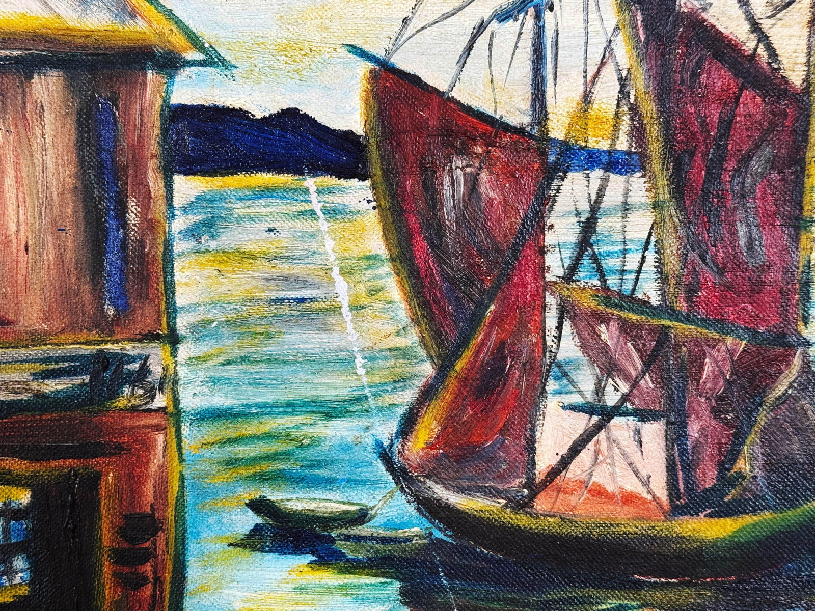 Vintage Mid Century Harbor Scene Oil Painting With Boats - 5