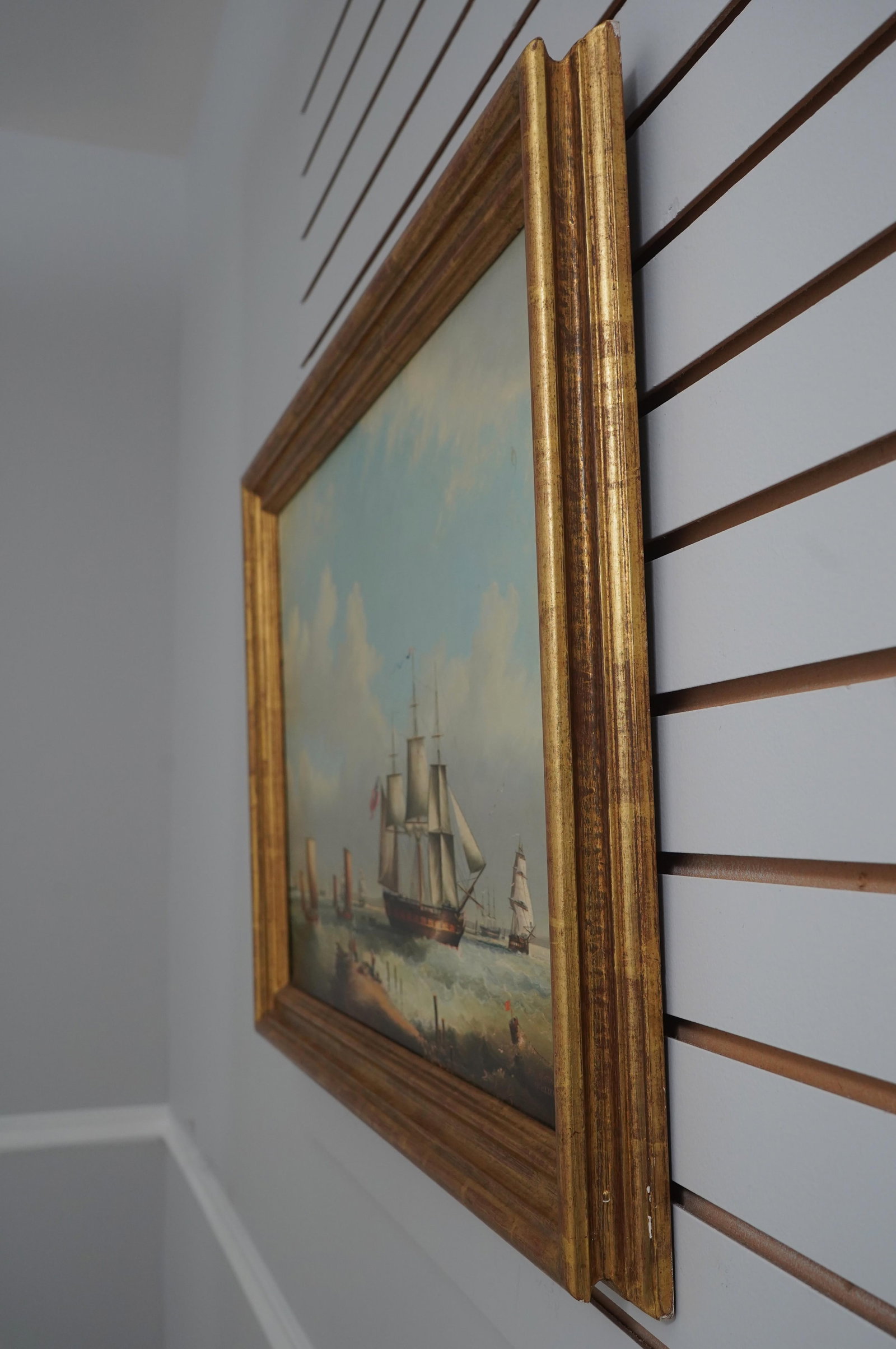 Framed Artist Signed Oil Painting on Canvas British Tall Ships Ocean Scene - 2