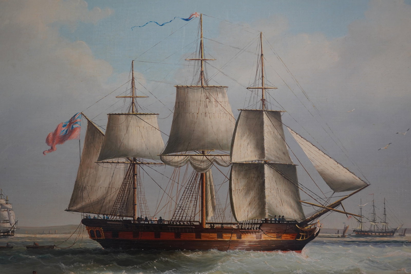 Framed Artist Signed Oil Painting on Canvas British Tall Ships Ocean Scene - 3