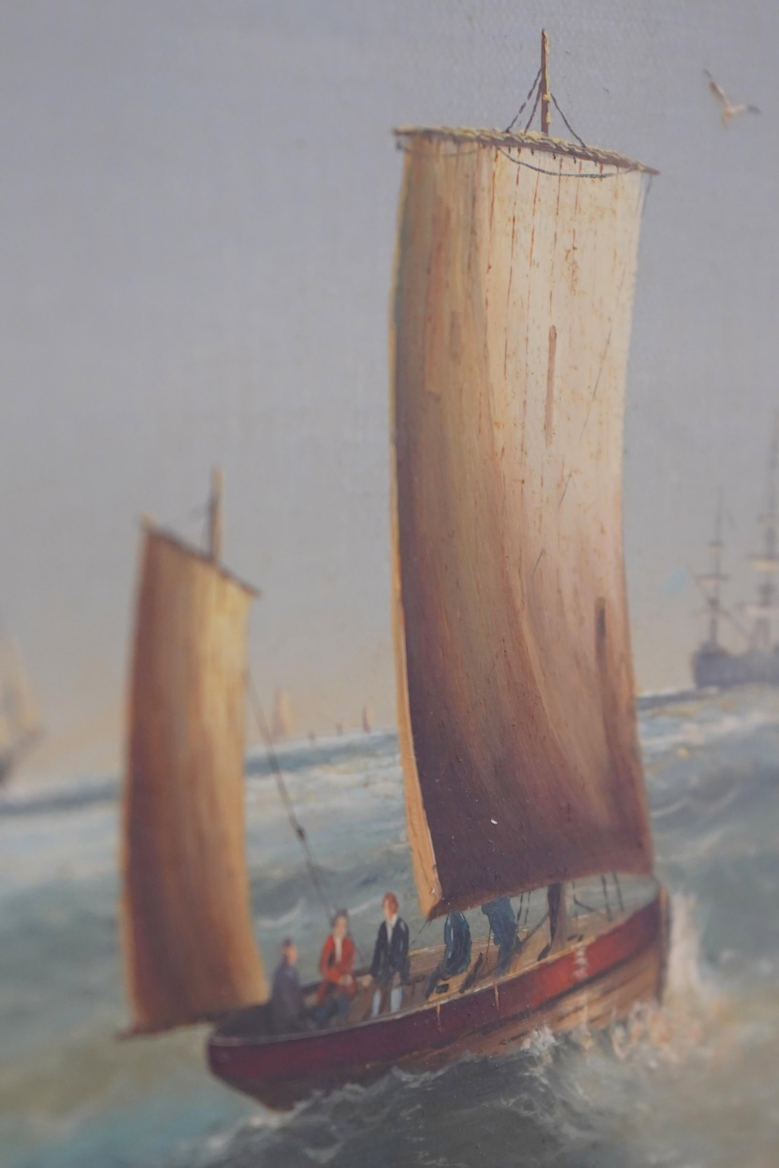 Framed Artist Signed Oil Painting on Canvas British Tall Ships Ocean Scene - 6