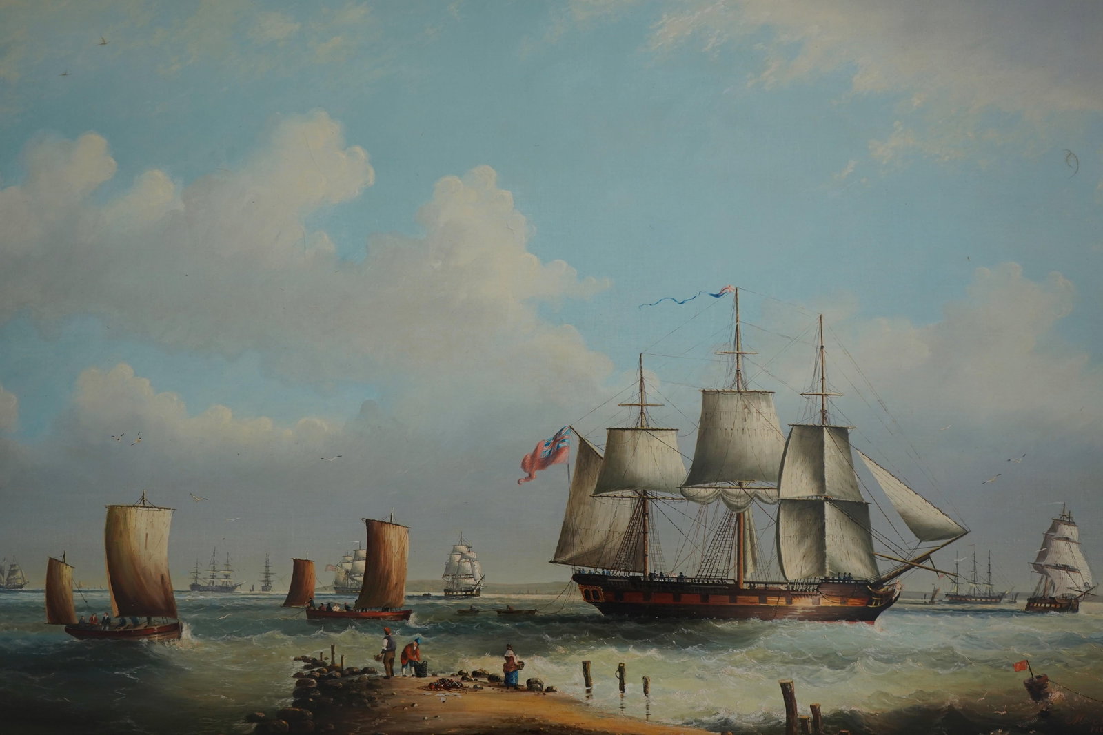 Framed Artist Signed Oil Painting on Canvas British Tall Ships Ocean Scene - 7