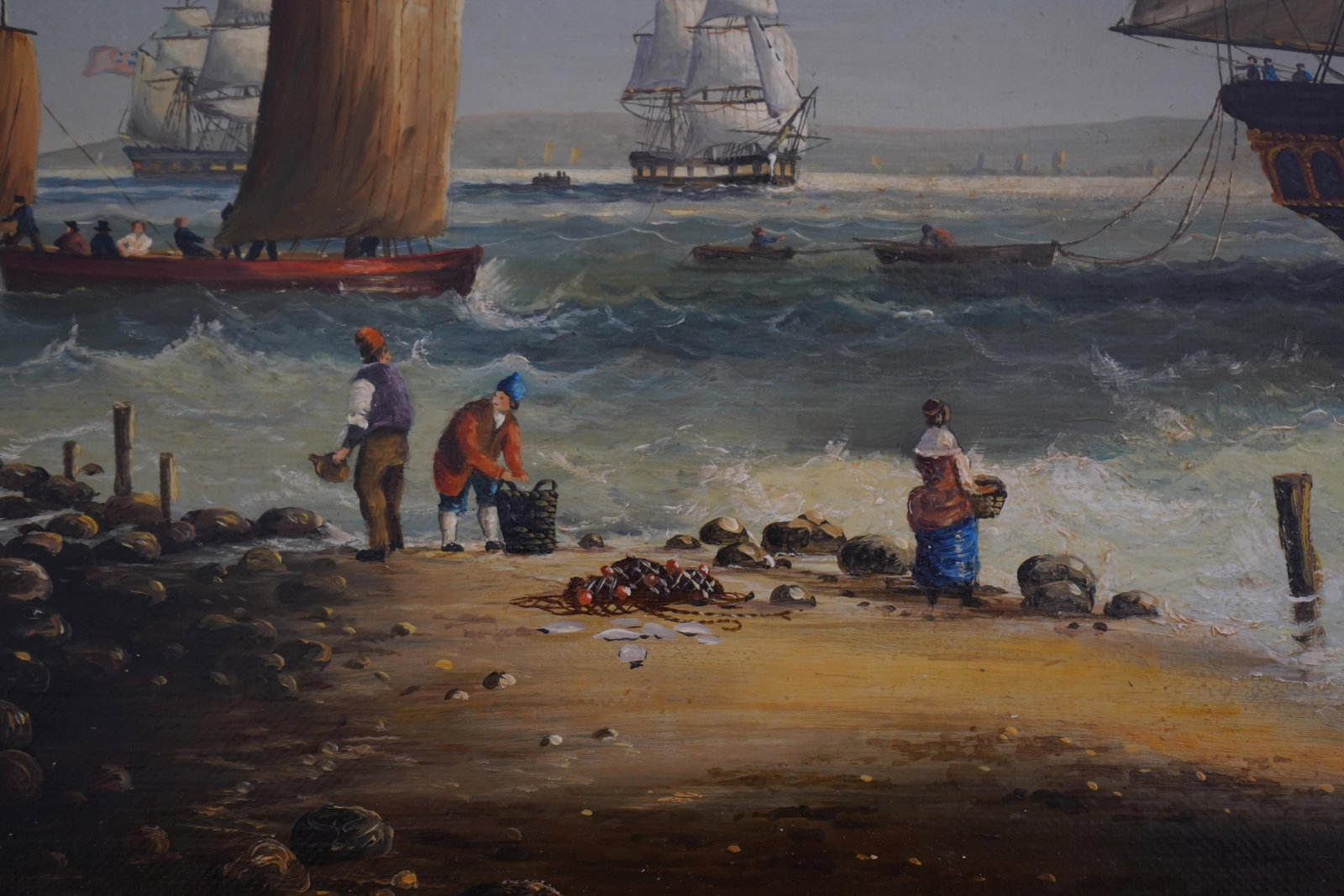 Framed Artist Signed Oil Painting on Canvas British Tall Ships Ocean Scene - 9