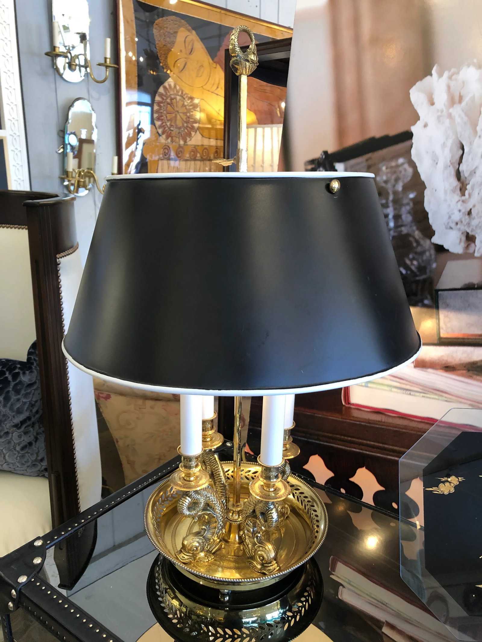 Vintage Cast Brass Bouillotte Lamp With Tole Shade - 2