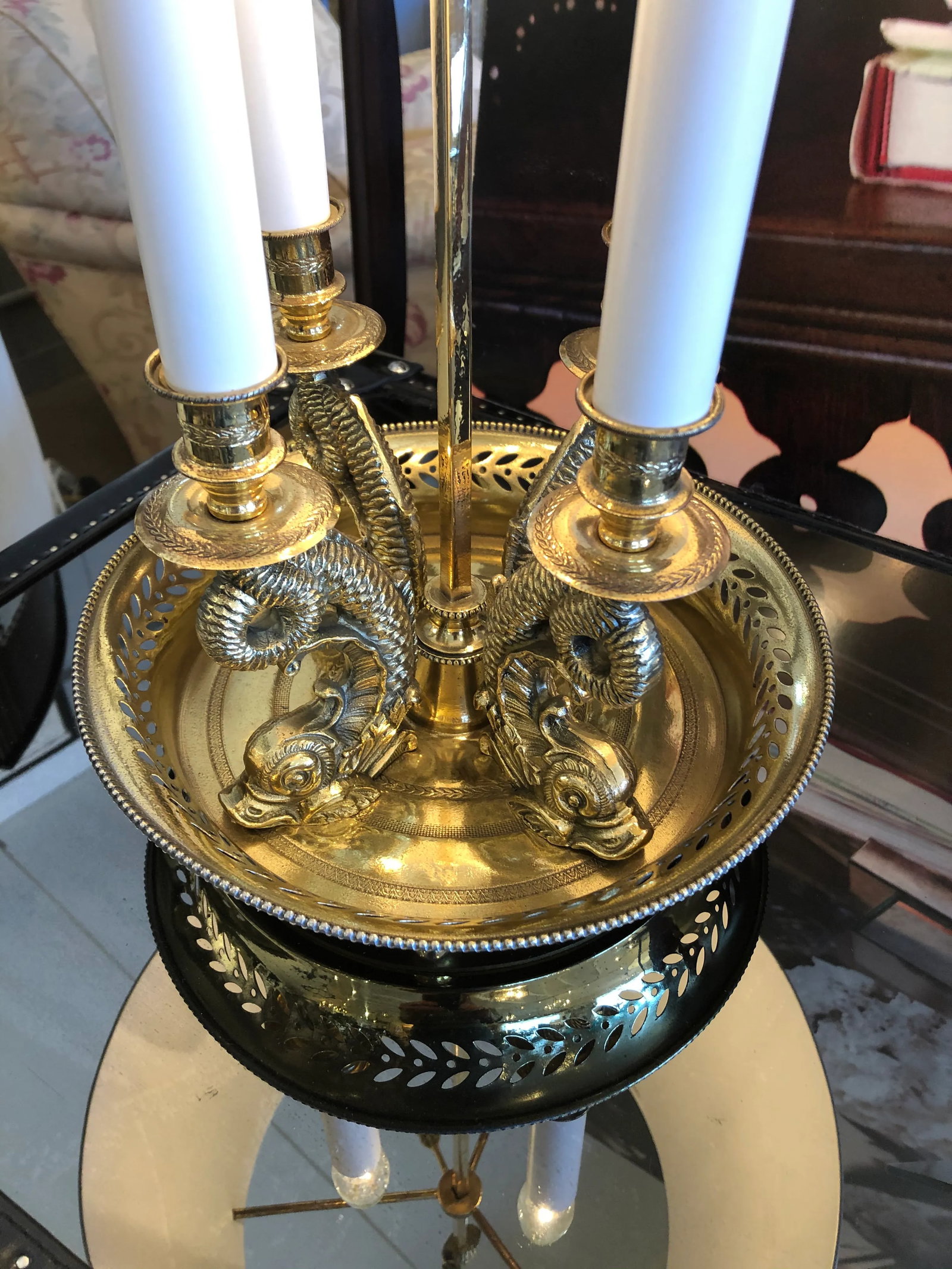 Vintage Cast Brass Bouillotte Lamp With Tole Shade - 6