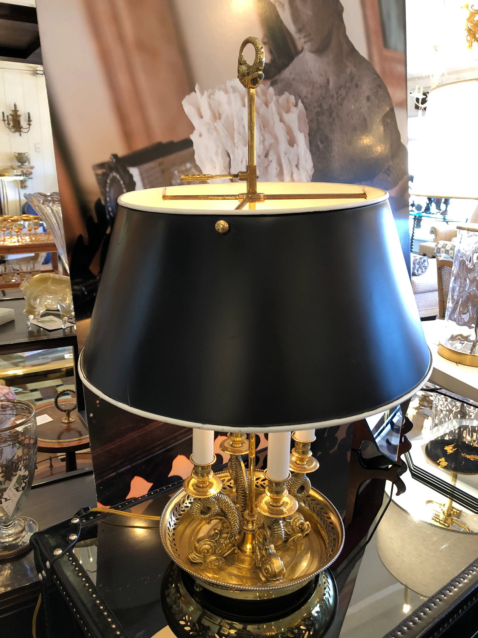 Vintage Cast Brass Bouillotte Lamp With Tole Shade - 7