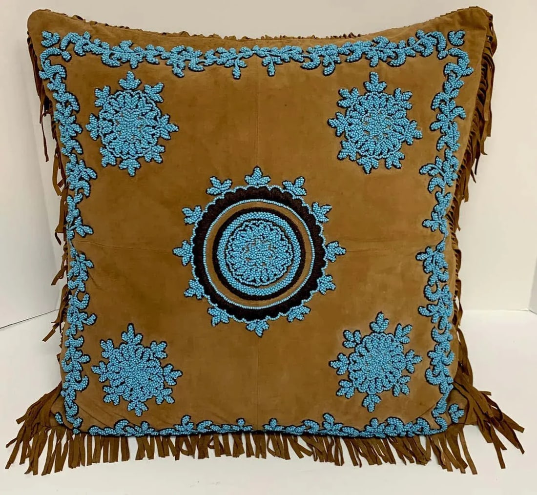 Late 20th Century Native American Style Suede Pillow With Turquoise Glass Beadwork - 2