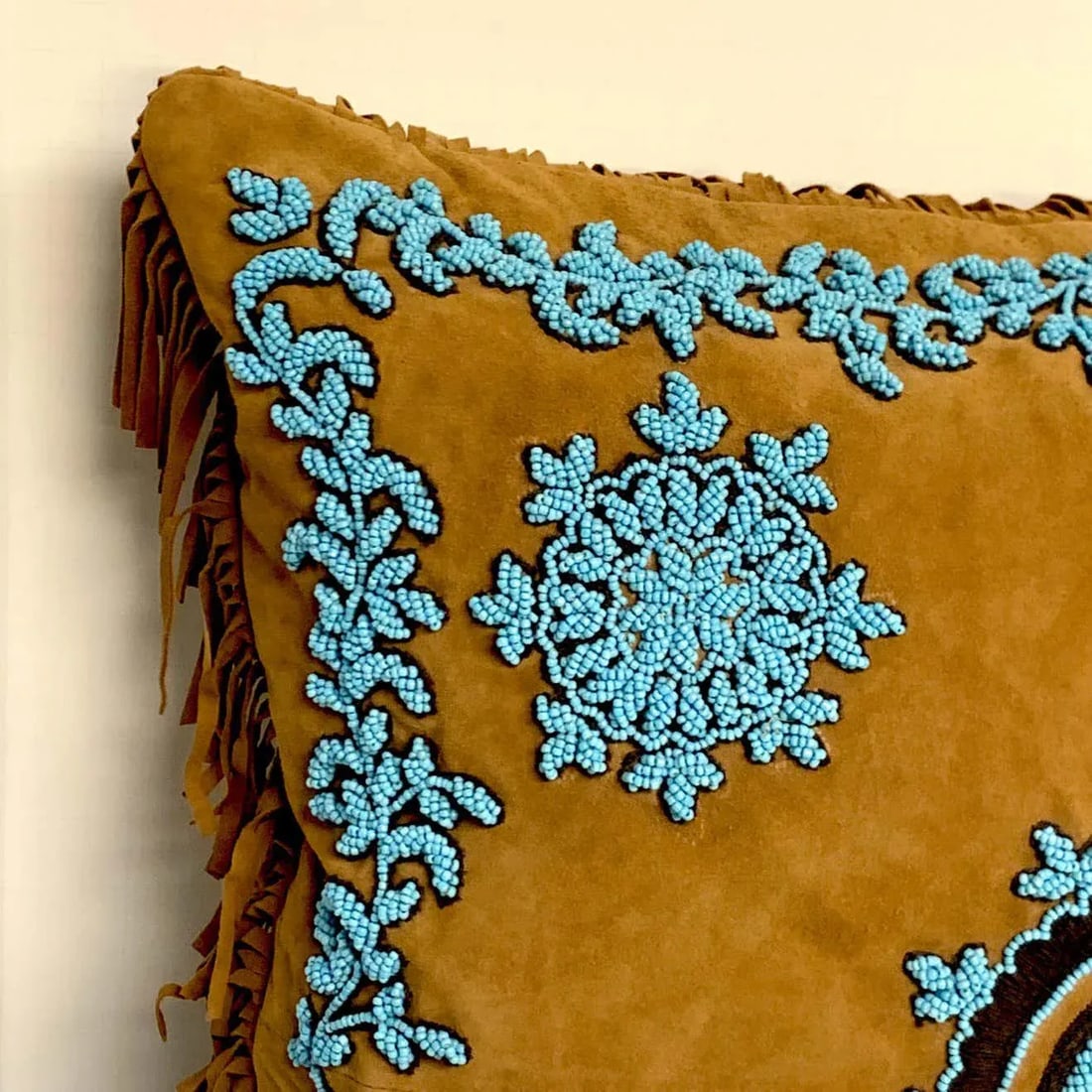 Late 20th Century Native American Style Suede Pillow With Turquoise Glass Beadwork - 4