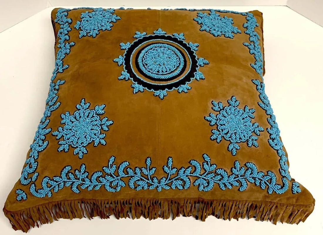 Late 20th Century Native American Style Suede Pillow With Turquoise Glass Beadwork - 5