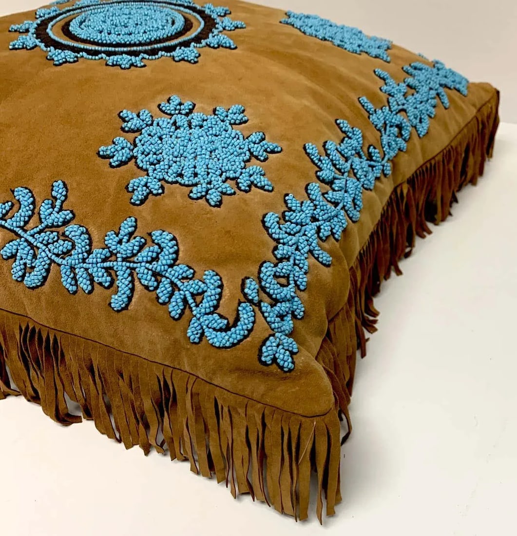 Late 20th Century Native American Style Suede Pillow With Turquoise Glass Beadwork - 6