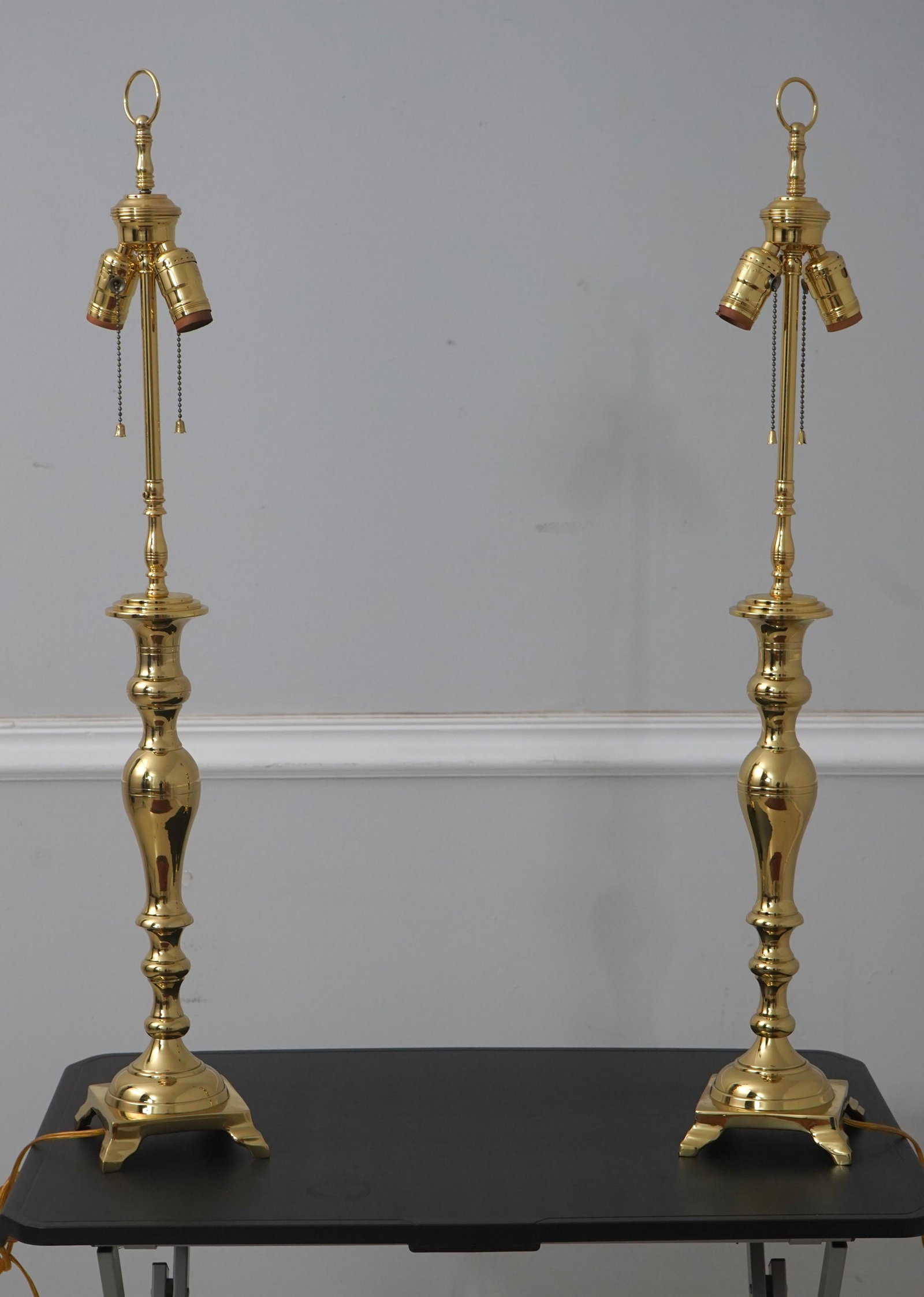 1990s Pair Solid Brass Candlestick Form Table Lamps - 2