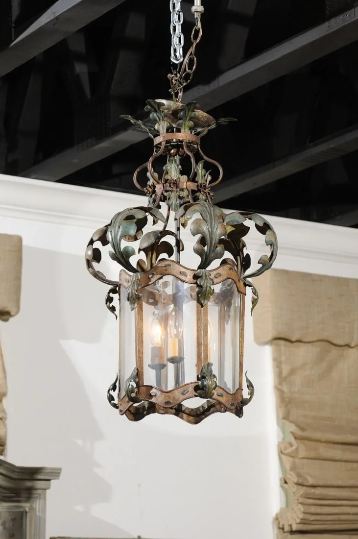 French 19th Century Three-Light Iron and Glass Lantern with Scrolling Leaves - 2