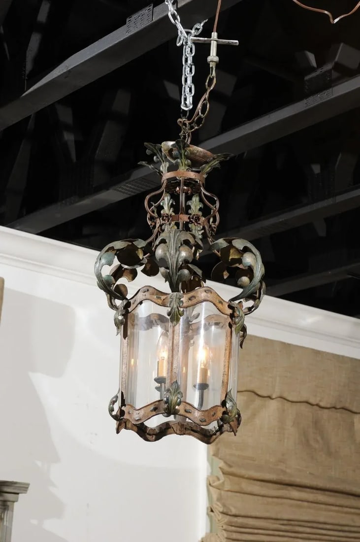 French 19th Century Three-Light Iron and Glass Lantern with Scrolling Leaves - 3