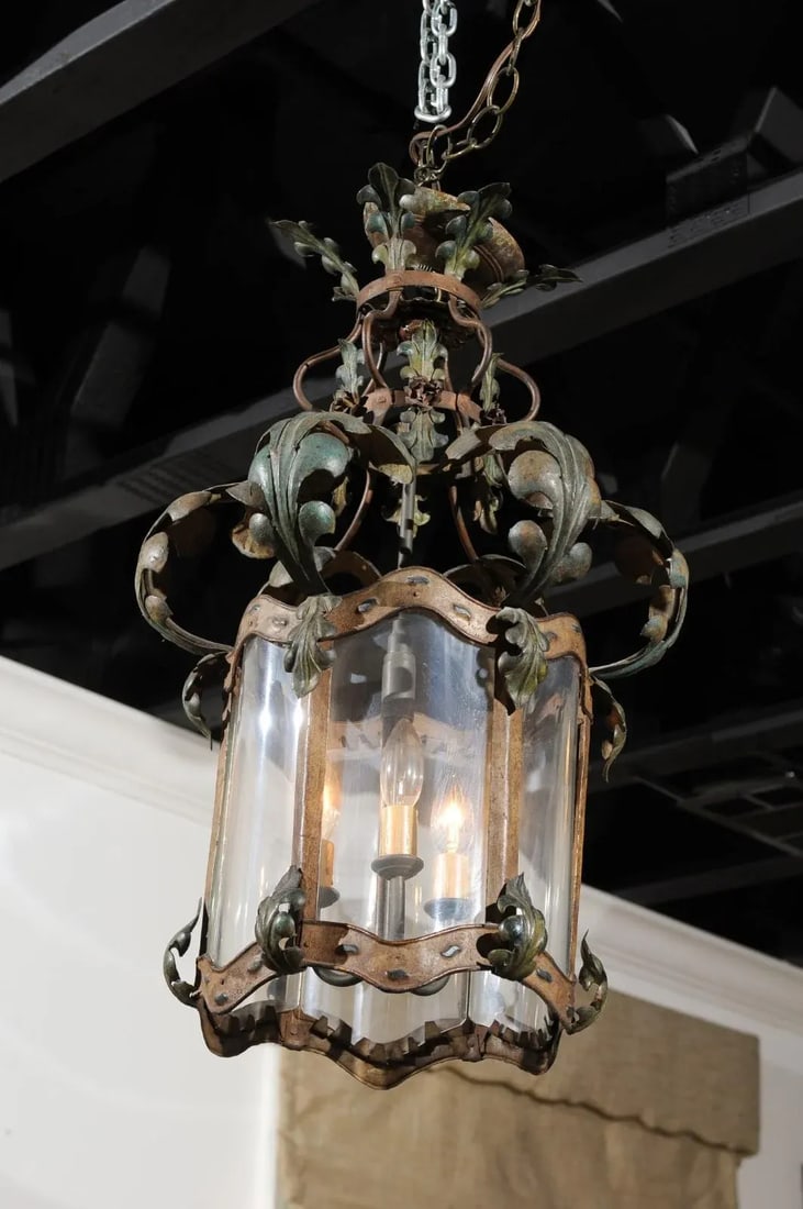 French 19th Century Three-Light Iron and Glass Lantern with Scrolling Leaves - 4