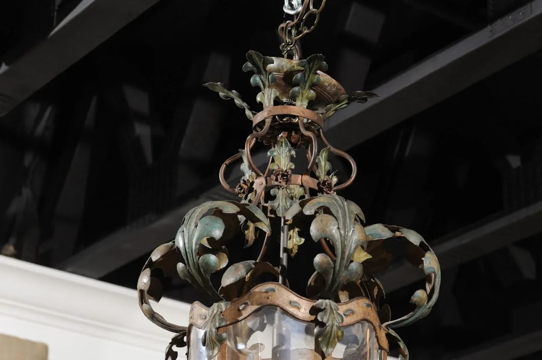 French 19th Century Three-Light Iron and Glass Lantern with Scrolling Leaves - 7