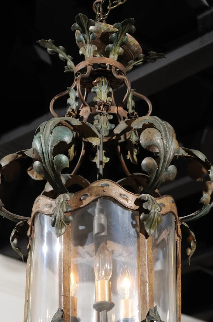 French 19th Century Three-Light Iron and Glass Lantern with Scrolling Leaves - 8
