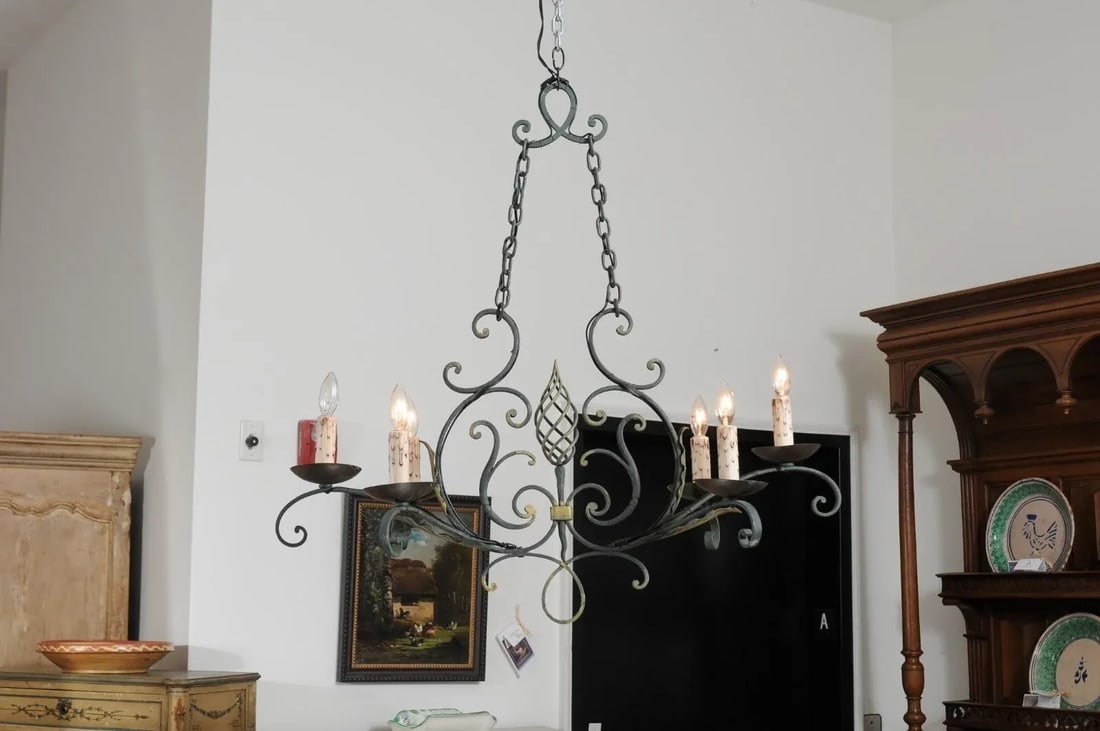 19th Century French Six-Light Iron Chandelier with Spiral and Scrolling Arms - 2