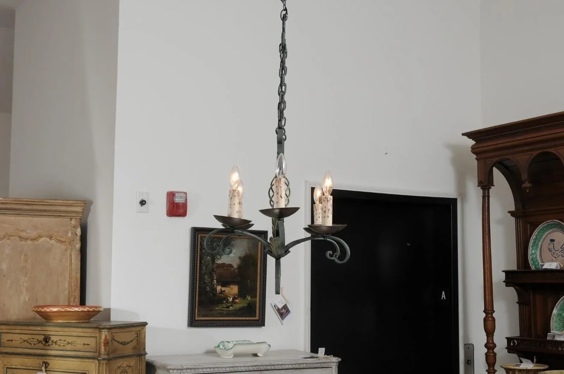 19th Century French Six-Light Iron Chandelier with Spiral and Scrolling Arms - 3