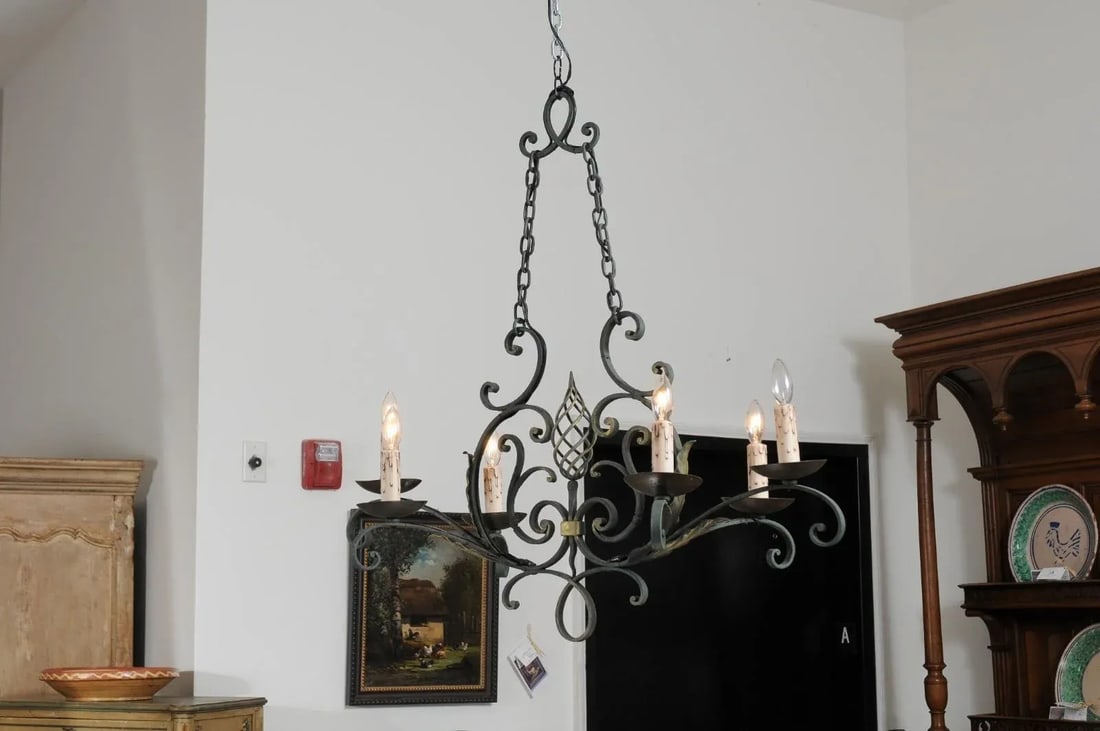 19th Century French Six-Light Iron Chandelier with Spiral and Scrolling Arms - 4