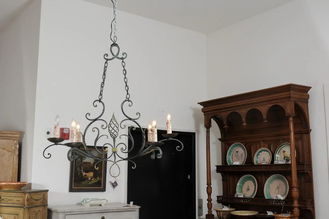 19th Century French Six-Light Iron Chandelier with Spiral and Scrolling Arms - 7