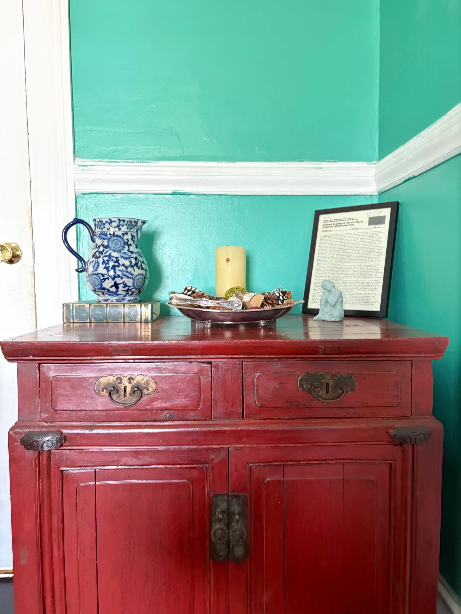 Late Qing Dynasty Red Lacquer Elmwood Accent Cabinet - Distressed Finish - 2