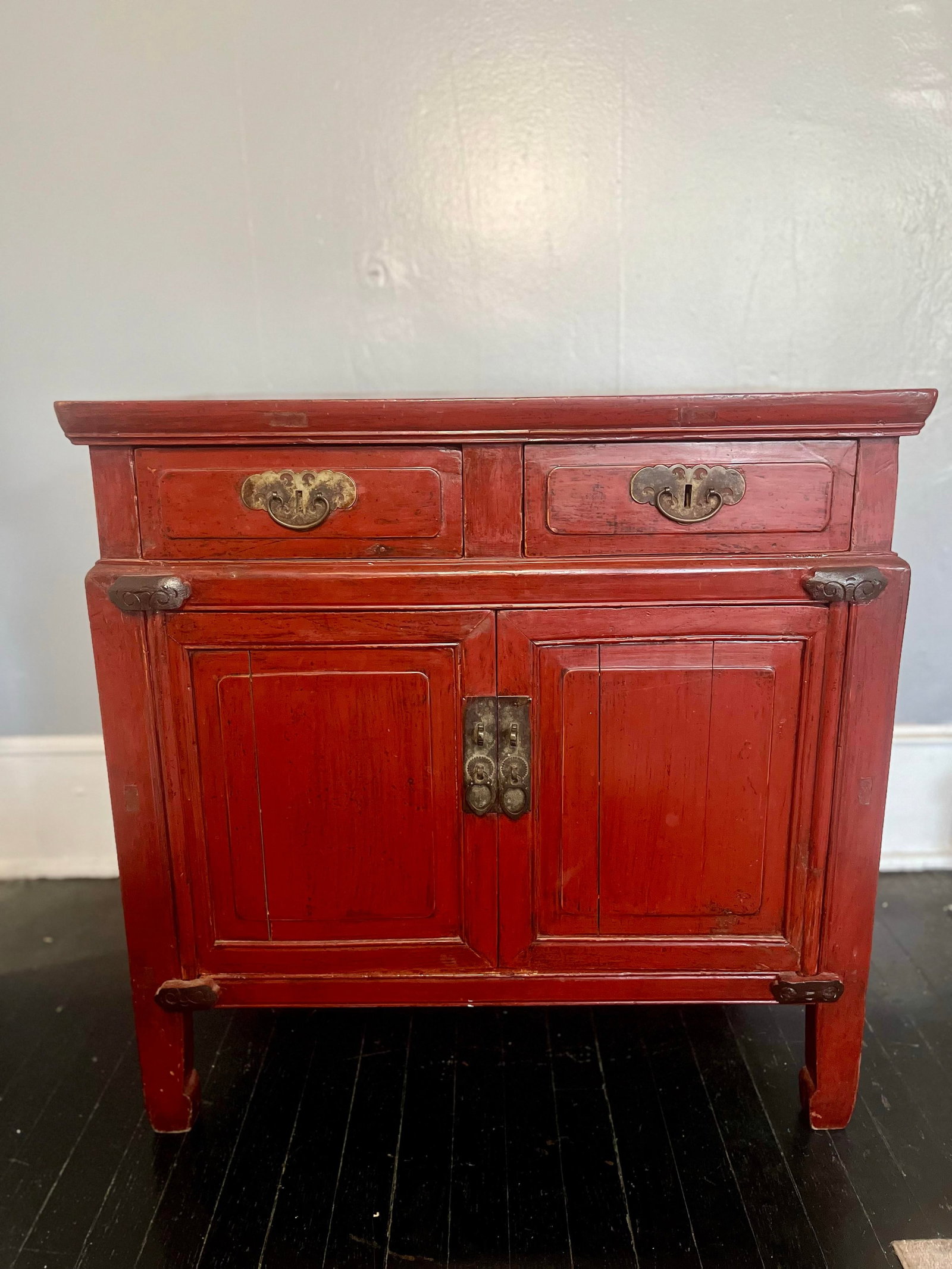 Late Qing Dynasty Red Lacquer Elmwood Accent Cabinet - Distressed Finish - 3