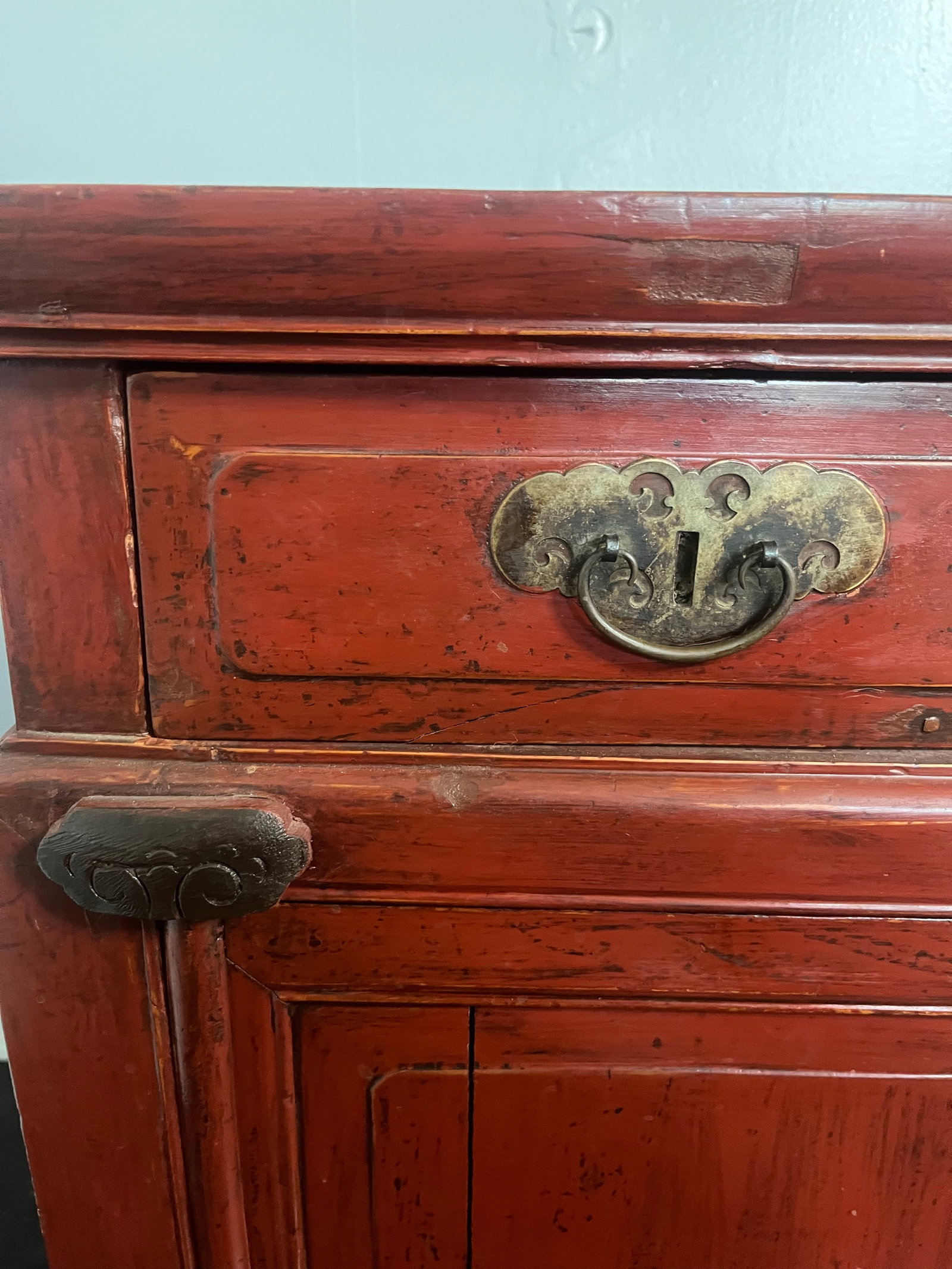 Late Qing Dynasty Red Lacquer Elmwood Accent Cabinet - Distressed Finish - 5