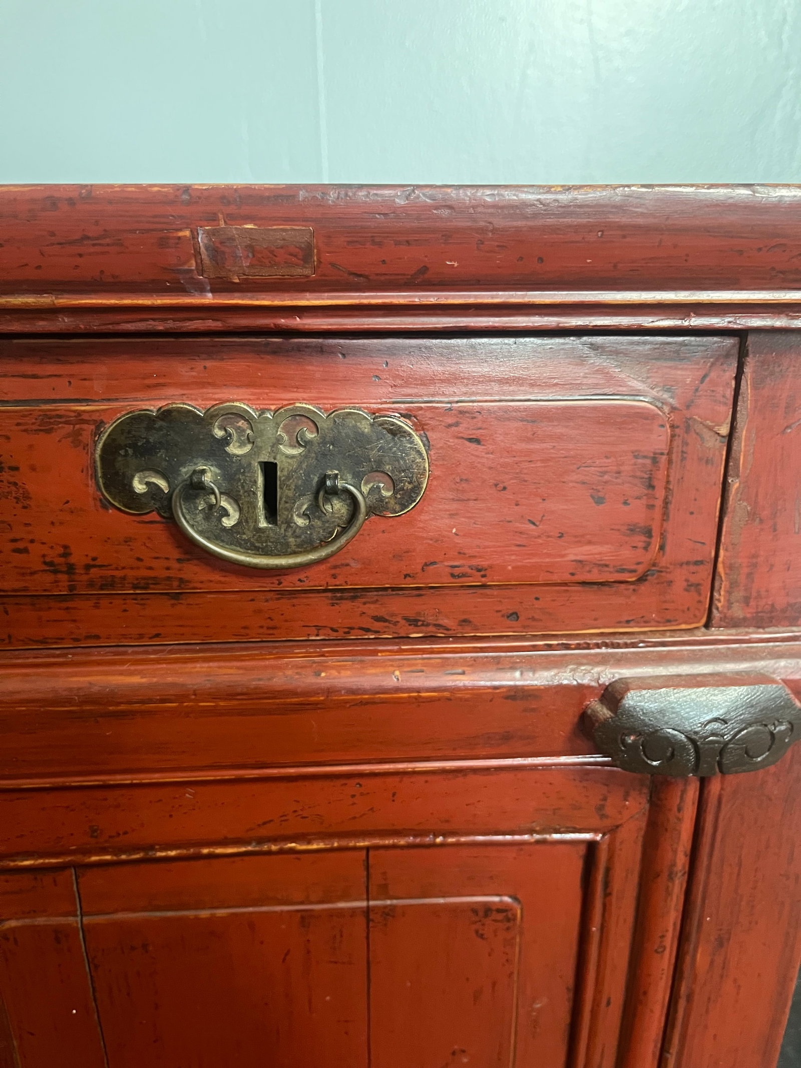Late Qing Dynasty Red Lacquer Elmwood Accent Cabinet - Distressed Finish - 6